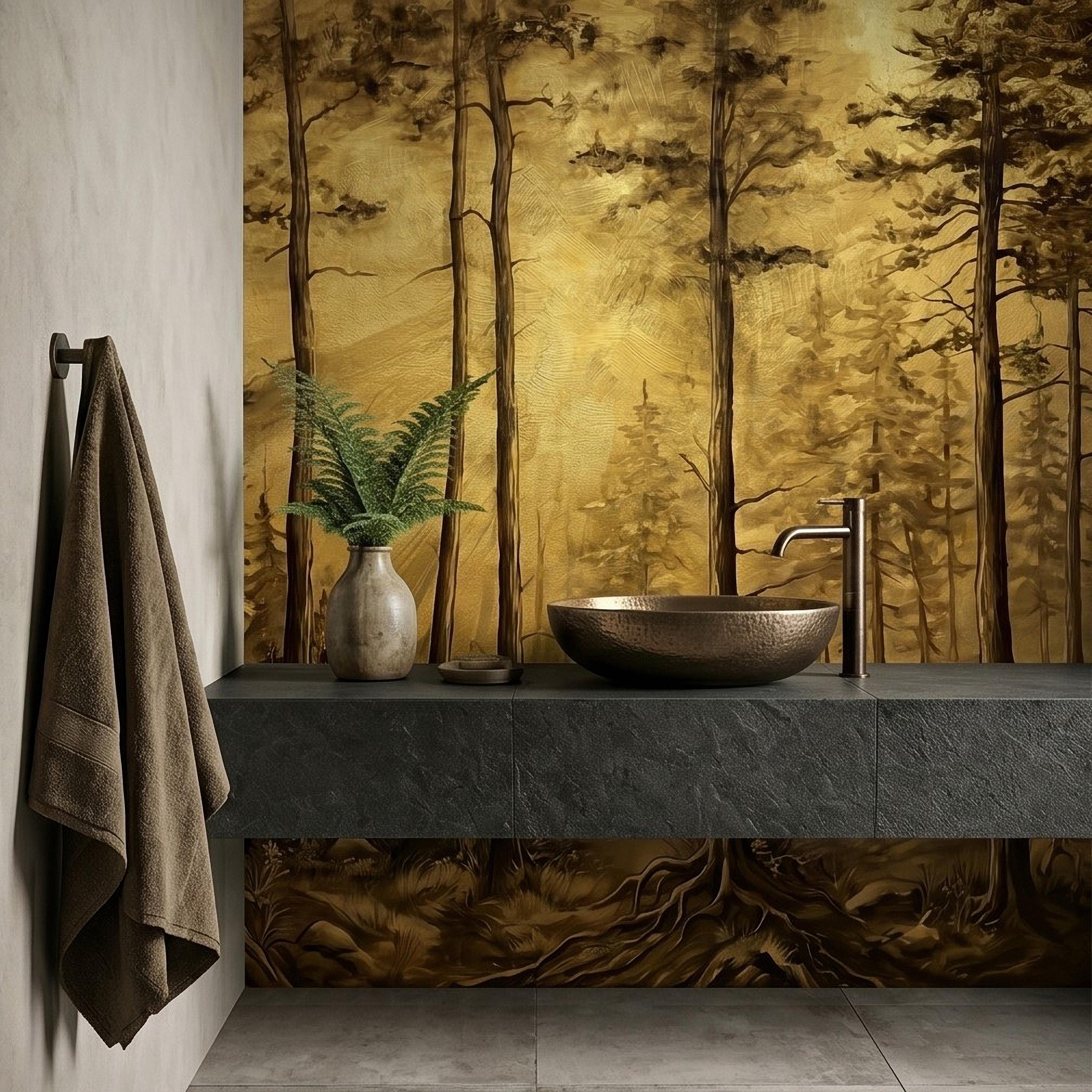 Golden Sepia Forest Peel and Stick Wall Mural, Sunlit Woodland Trees, Warm Vintage Nature Landscape, Neutral Rustic Cabin Wallpaper