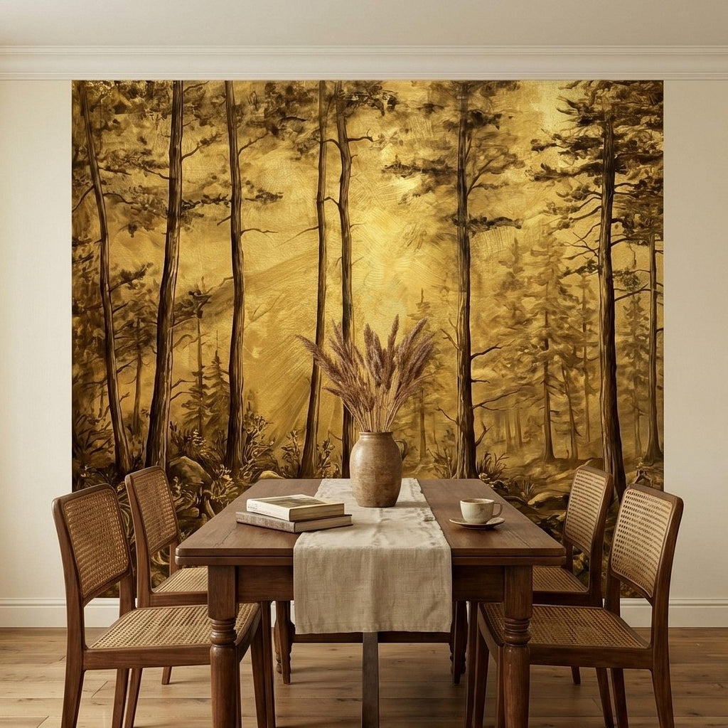 Golden Sepia Forest Peel and Stick Wall Mural, Sunlit Woodland Trees, Warm Vintage Nature Landscape, Neutral Rustic Cabin Wallpaper
