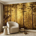 Golden Sepia Forest Peel and Stick Wall Mural, Sunlit Woodland Trees, Warm Vintage Nature Landscape, Neutral Rustic Cabin Wallpaper