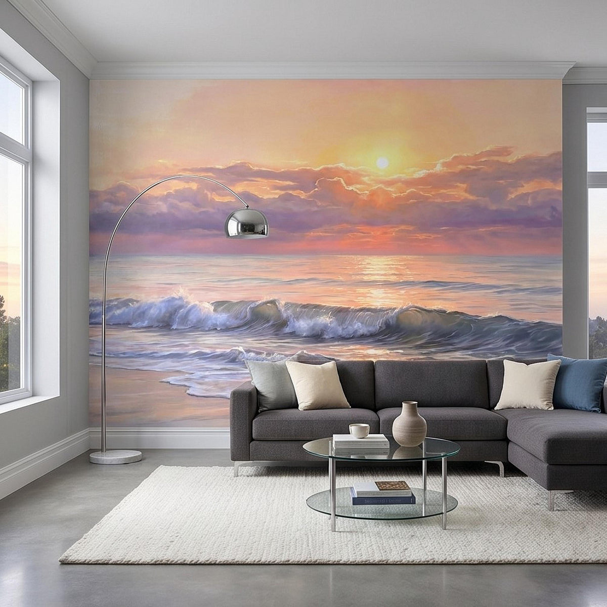 Pastel Ocean Sunrise Pink Sky Peel and Stick Wall Mural, Beach Waves Seascape Watercolor Golden Sun Over Water Coastal Cottagecore Wallpaper - The Fine Art Murals