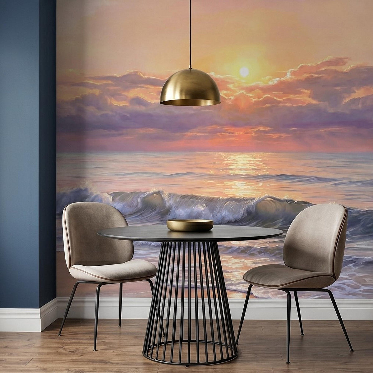Pastel Ocean Sunrise Pink Sky Peel and Stick Wall Mural, Beach Waves Seascape Watercolor Golden Sun Over Water Coastal Cottagecore Wallpaper - The Fine Art Murals