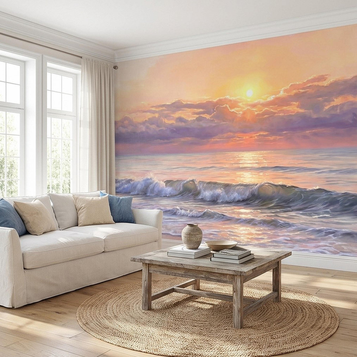 Pastel Ocean Sunrise Pink Sky Peel and Stick Wall Mural, Beach Waves Seascape Watercolor Golden Sun Over Water Coastal Cottagecore Wallpaper - The Fine Art Murals