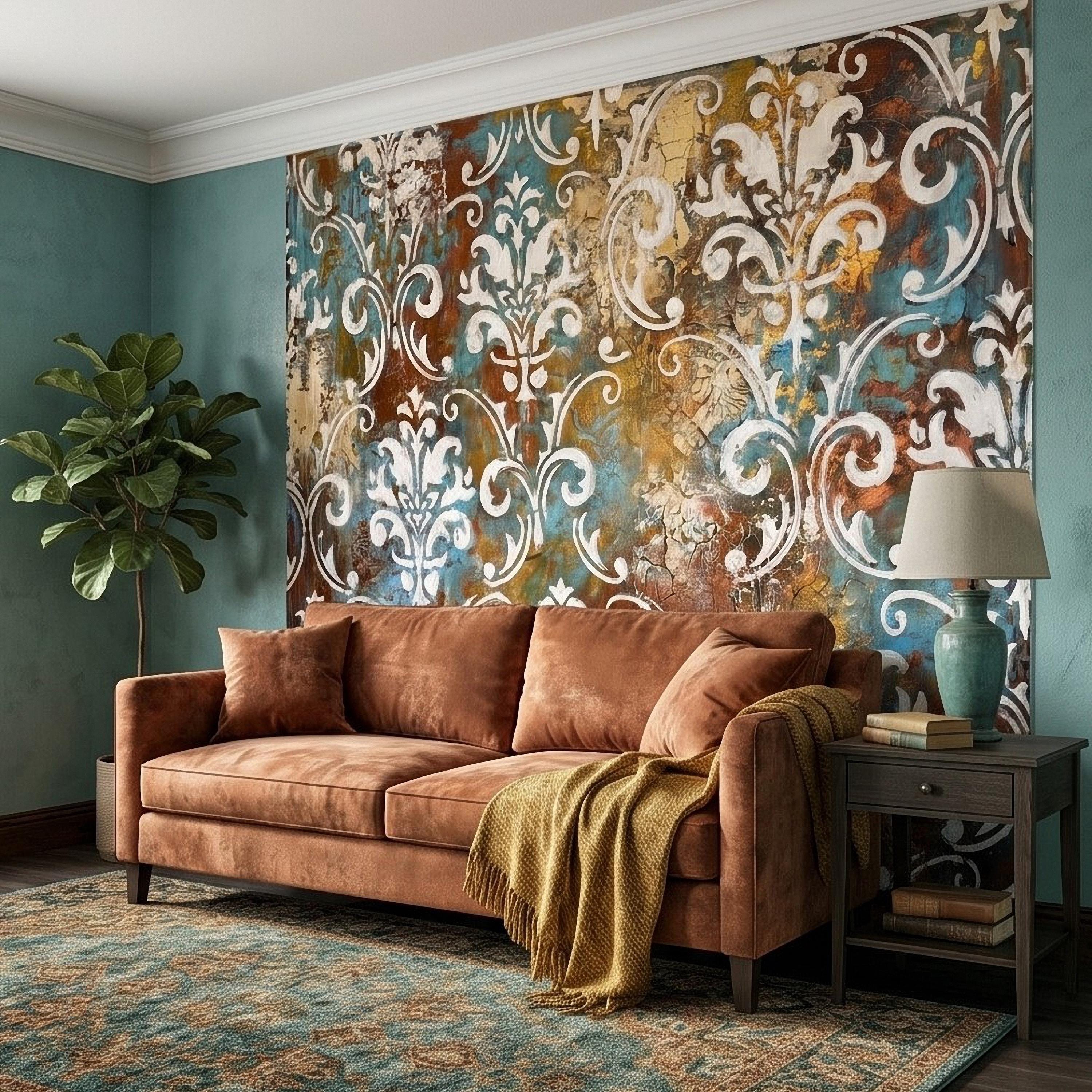 Vintage Damask Peel and Stick Wall Mural, Distressed Teal Rust Plaster Texture, Ornate Baroque Scroll, Antique European Aged Wallpaper