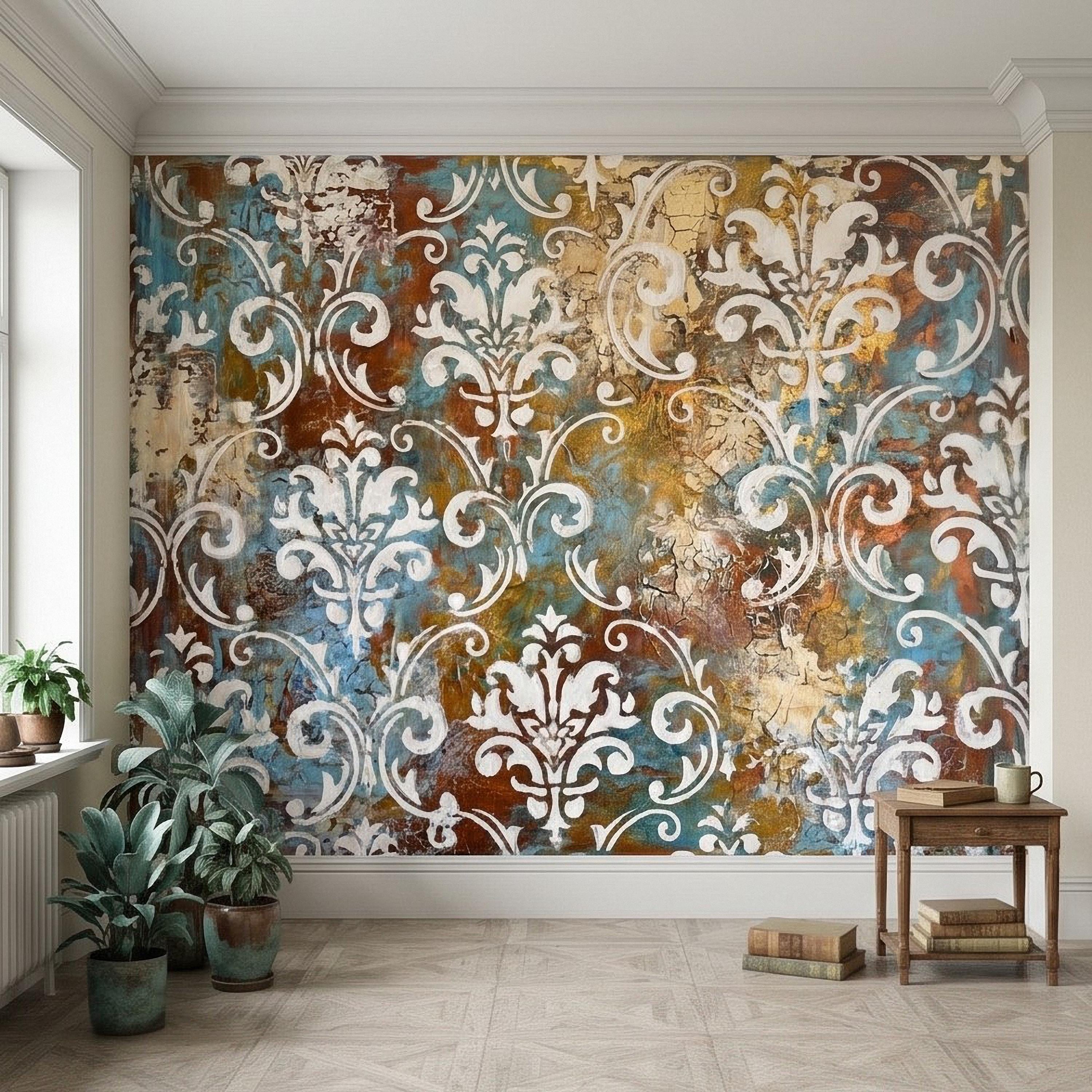 Vintage Damask Peel and Stick Wall Mural, Distressed Teal Rust Plaster Texture, Ornate Baroque Scroll, Antique European Aged Wallpaper