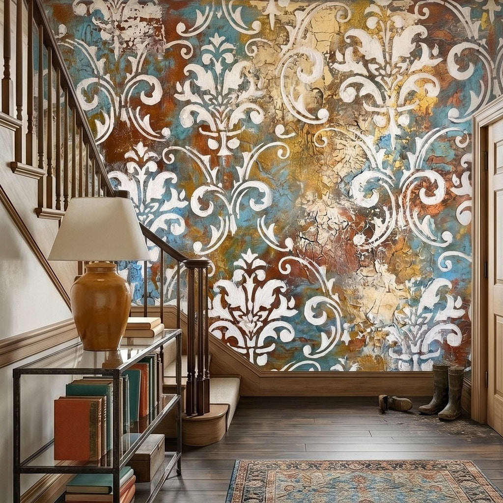 Vintage Damask Peel and Stick Wall Mural, Distressed Teal Rust Plaster Texture, Ornate Baroque Scroll, Antique European Aged Wallpaper