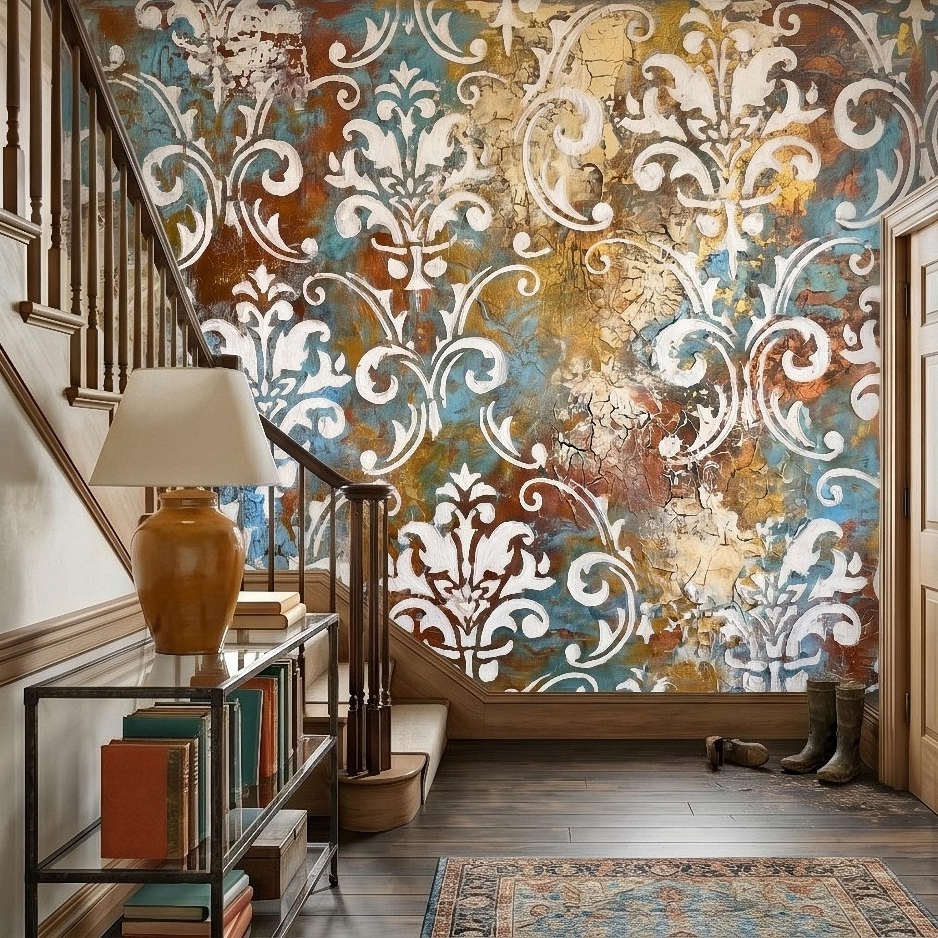Vintage Damask Peel and Stick Wall Mural, Distressed Teal Rust Plaster Texture, Ornate Baroque Scroll, Antique European Aged Wallpaper
