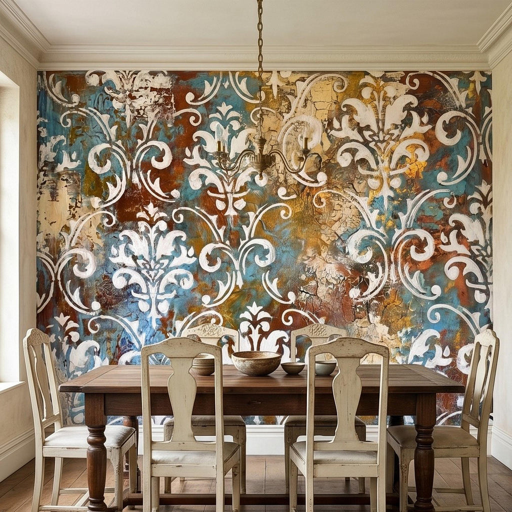 Vintage Damask Peel and Stick Wall Mural, Distressed Teal Rust Plaster Texture, Ornate Baroque Scroll, Antique European Aged Wallpaper