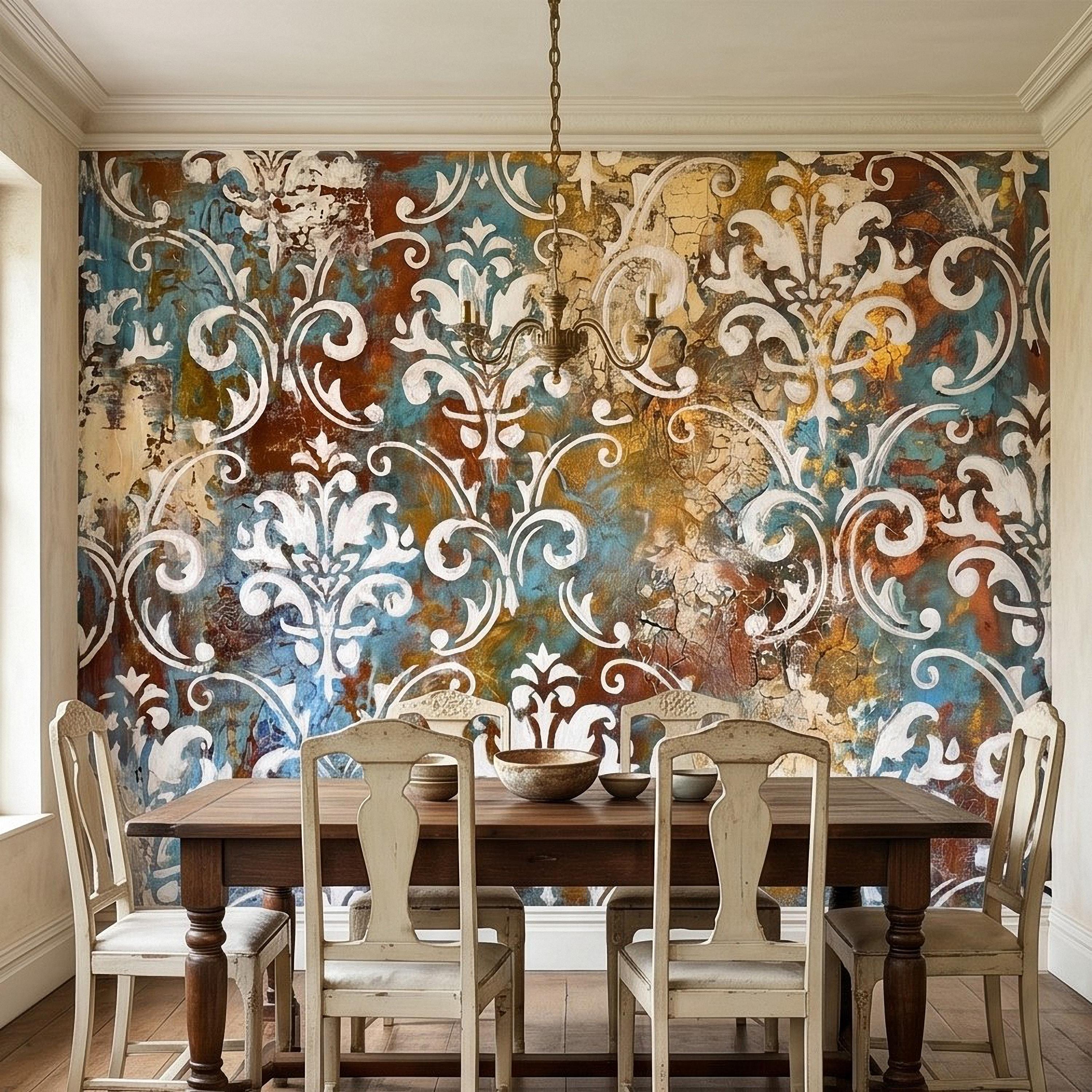Vintage Damask Peel and Stick Wall Mural, Distressed Teal Rust Plaster Texture, Ornate Baroque Scroll, Antique European Aged Wallpaper