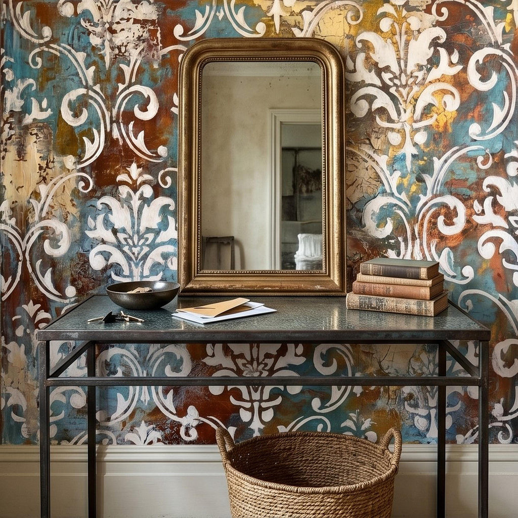 Vintage Damask Peel and Stick Wall Mural, Distressed Teal Rust Plaster Texture, Ornate Baroque Scroll, Antique European Aged Wallpaper