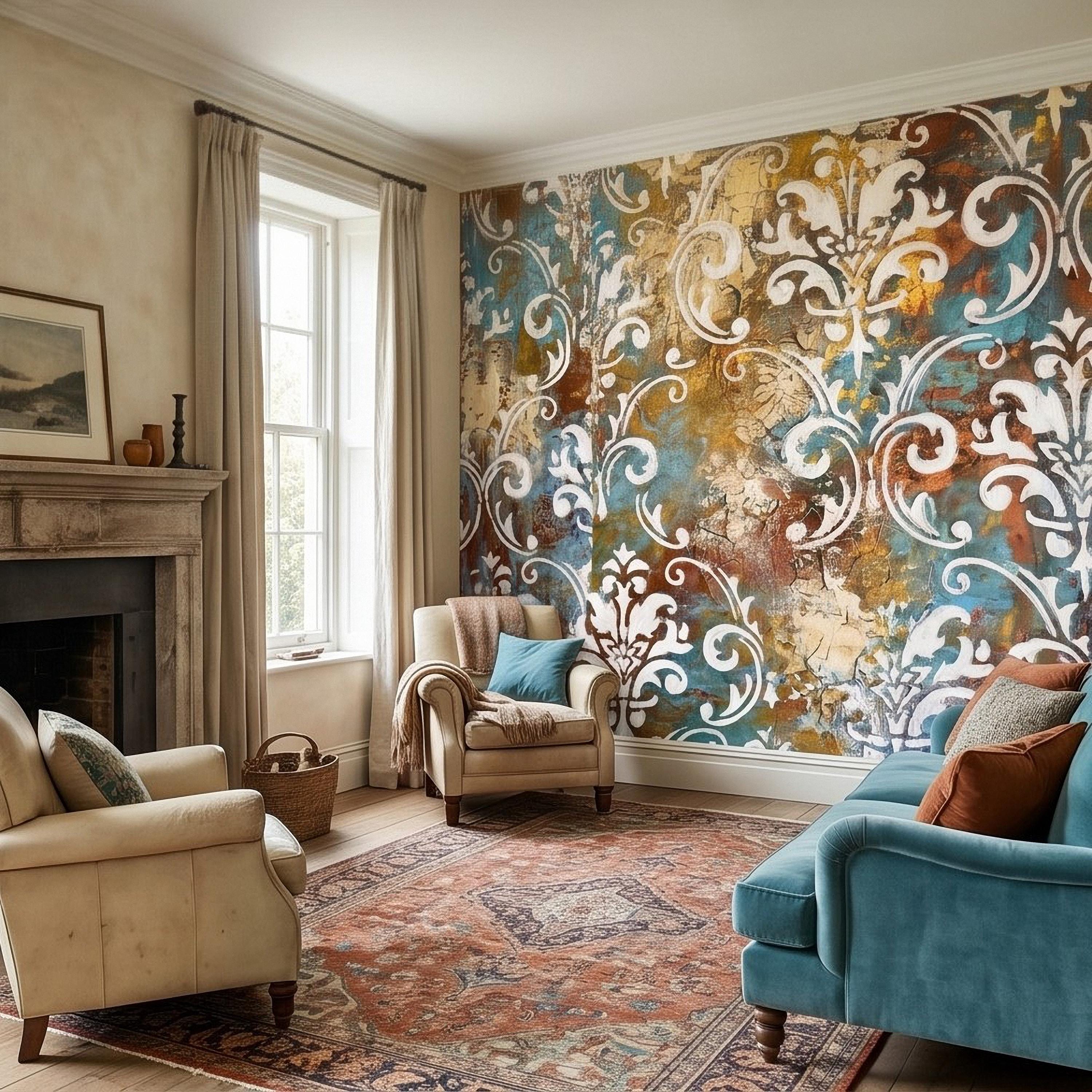 Vintage Damask Peel and Stick Wall Mural, Distressed Teal Rust Plaster Texture, Ornate Baroque Scroll, Antique European Aged Wallpaper
