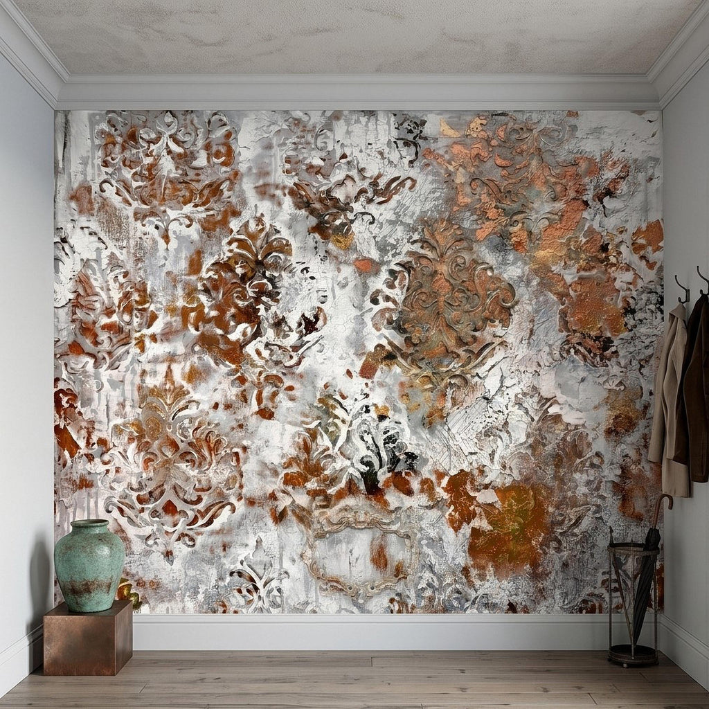Distressed Damask Peel and Stick Wall Mural, White Plaster Texture with Copper Rust Patina, Vintage Baroque Ornate Scroll Wallpaper