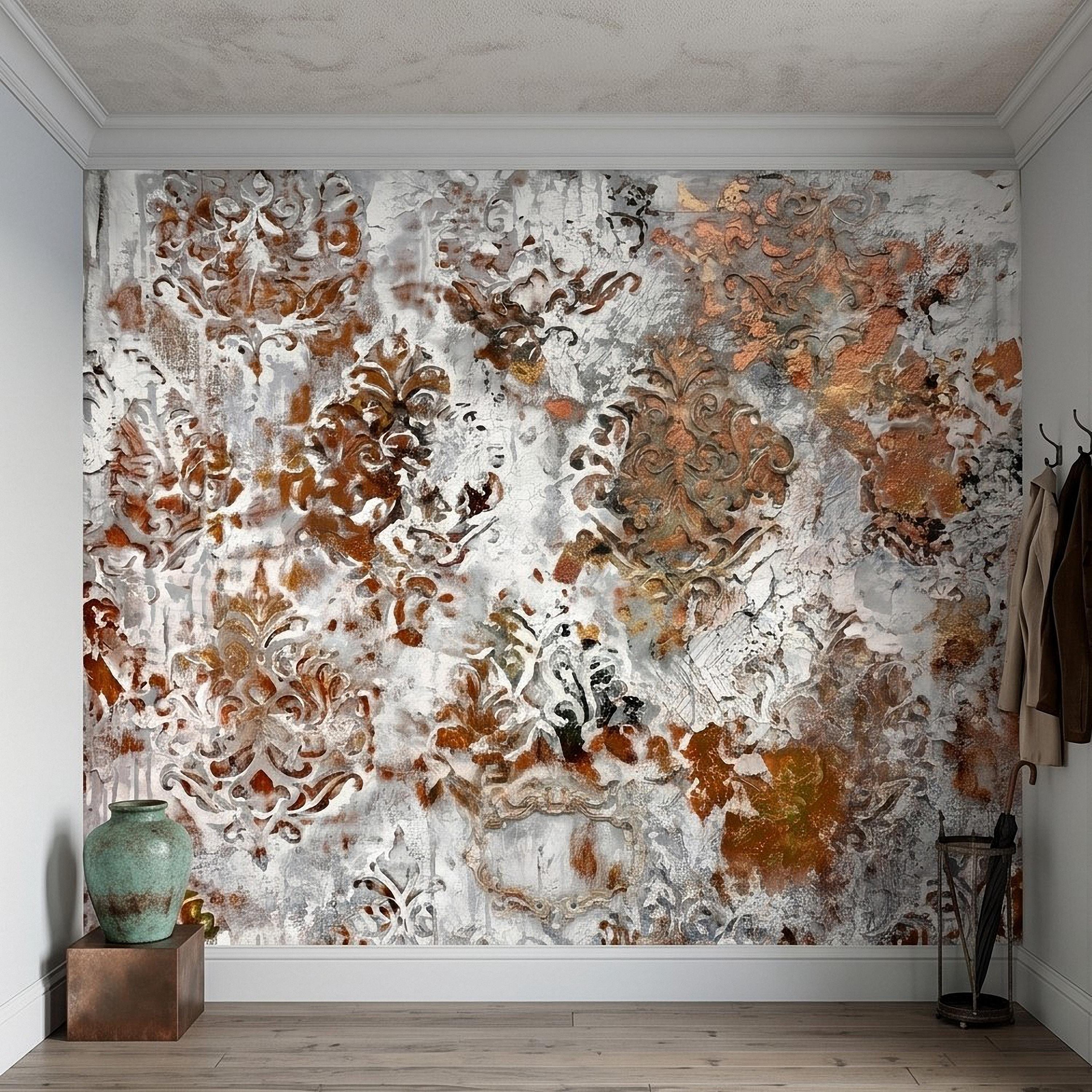 Distressed Damask Peel and Stick Wall Mural, White Plaster Texture with Copper Rust Patina, Vintage Baroque Ornate Scroll Wallpaper