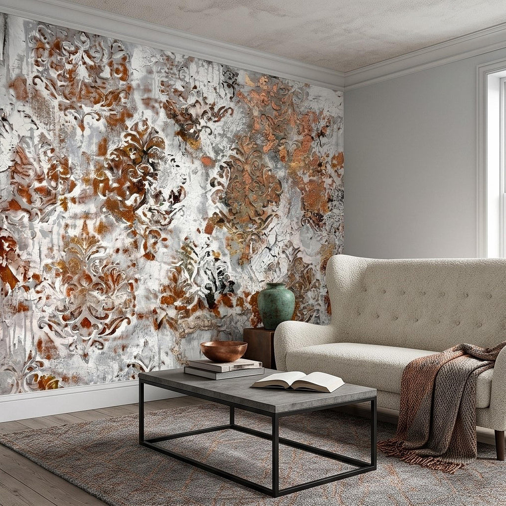 Distressed Damask Peel and Stick Wall Mural, White Plaster Texture with Copper Rust Patina, Vintage Baroque Ornate Scroll Wallpaper