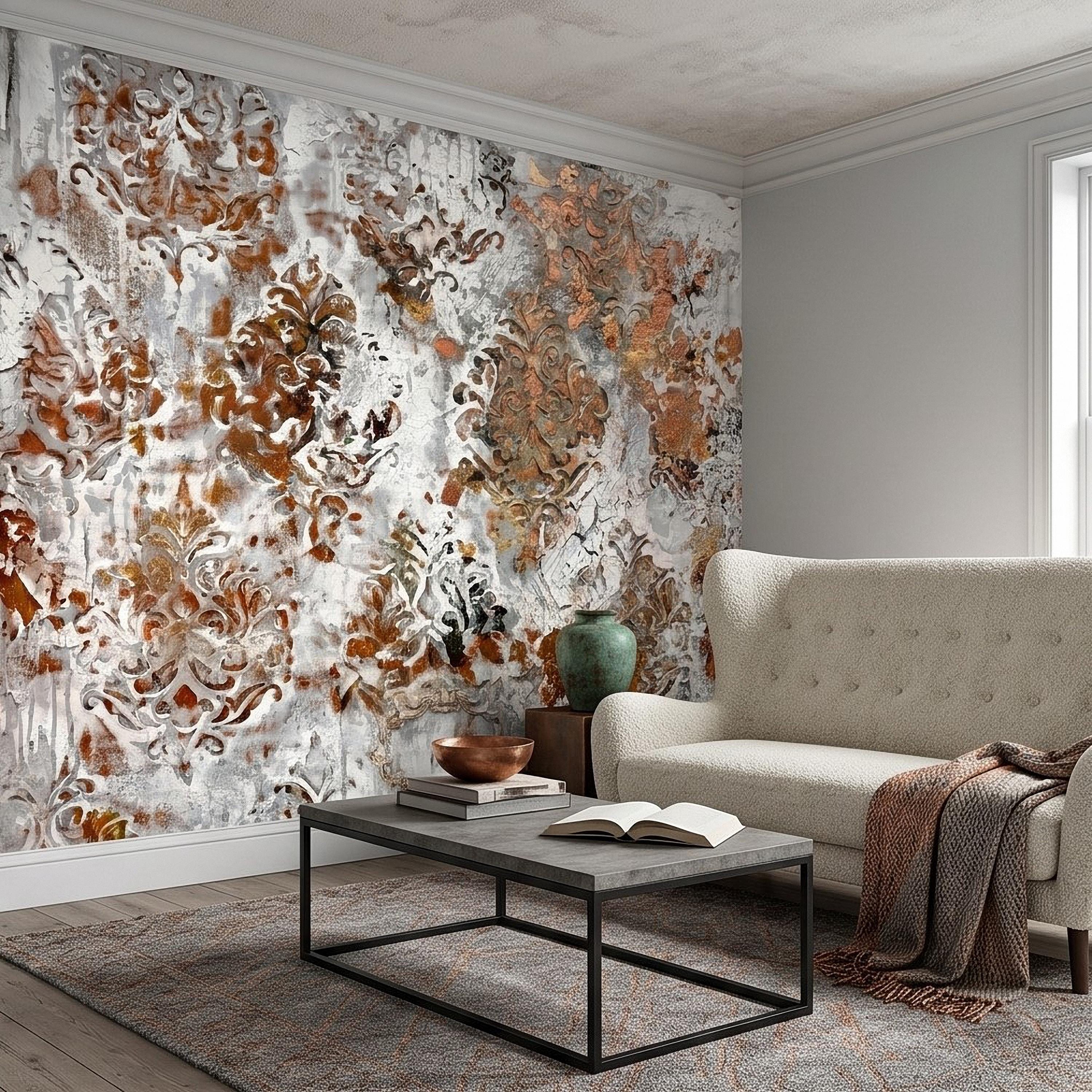 Distressed Damask Peel and Stick Wall Mural, White Plaster Texture with Copper Rust Patina, Vintage Baroque Ornate Scroll Wallpaper