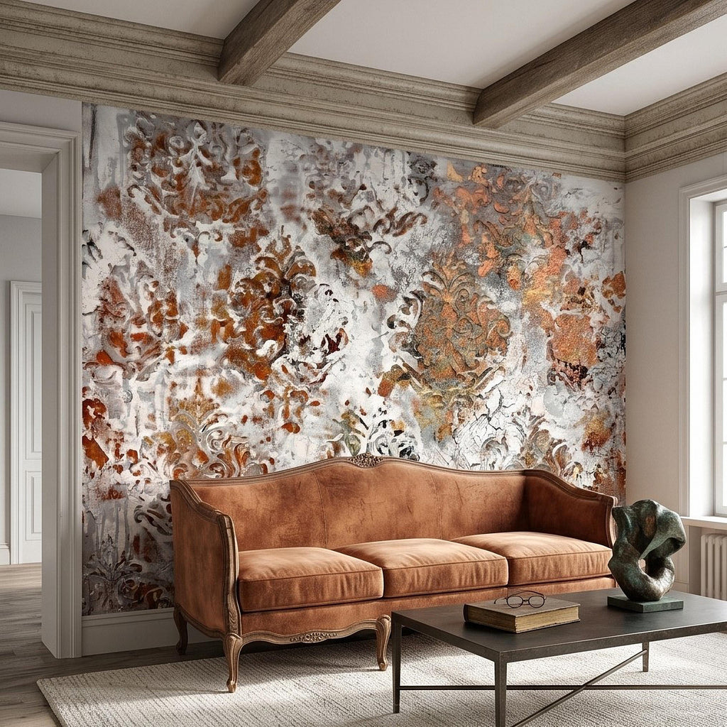 Distressed Damask Peel and Stick Wall Mural, White Plaster Texture with Copper Rust Patina, Vintage Baroque Ornate Scroll Wallpaper