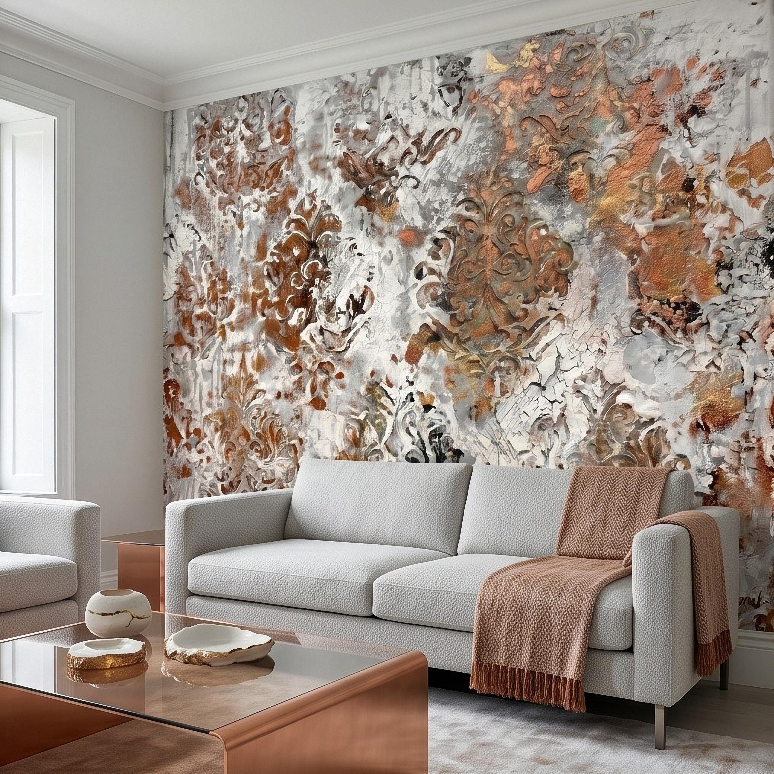 Distressed Damask Peel and Stick Wall Mural, White Plaster Texture with Copper Rust Patina, Vintage Baroque Ornate Scroll Wallpaper