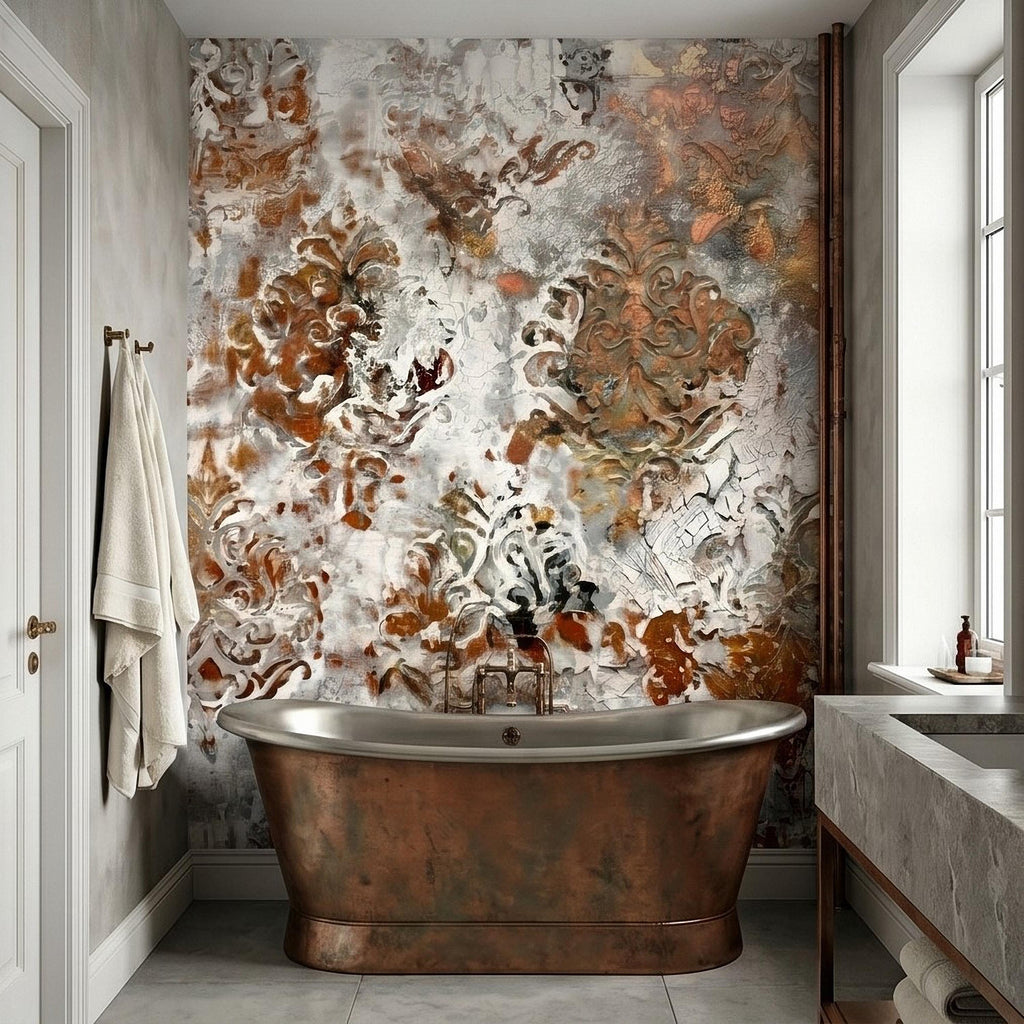 Distressed Damask Peel and Stick Wall Mural, White Plaster Texture with Copper Rust Patina, Vintage Baroque Ornate Scroll Wallpaper