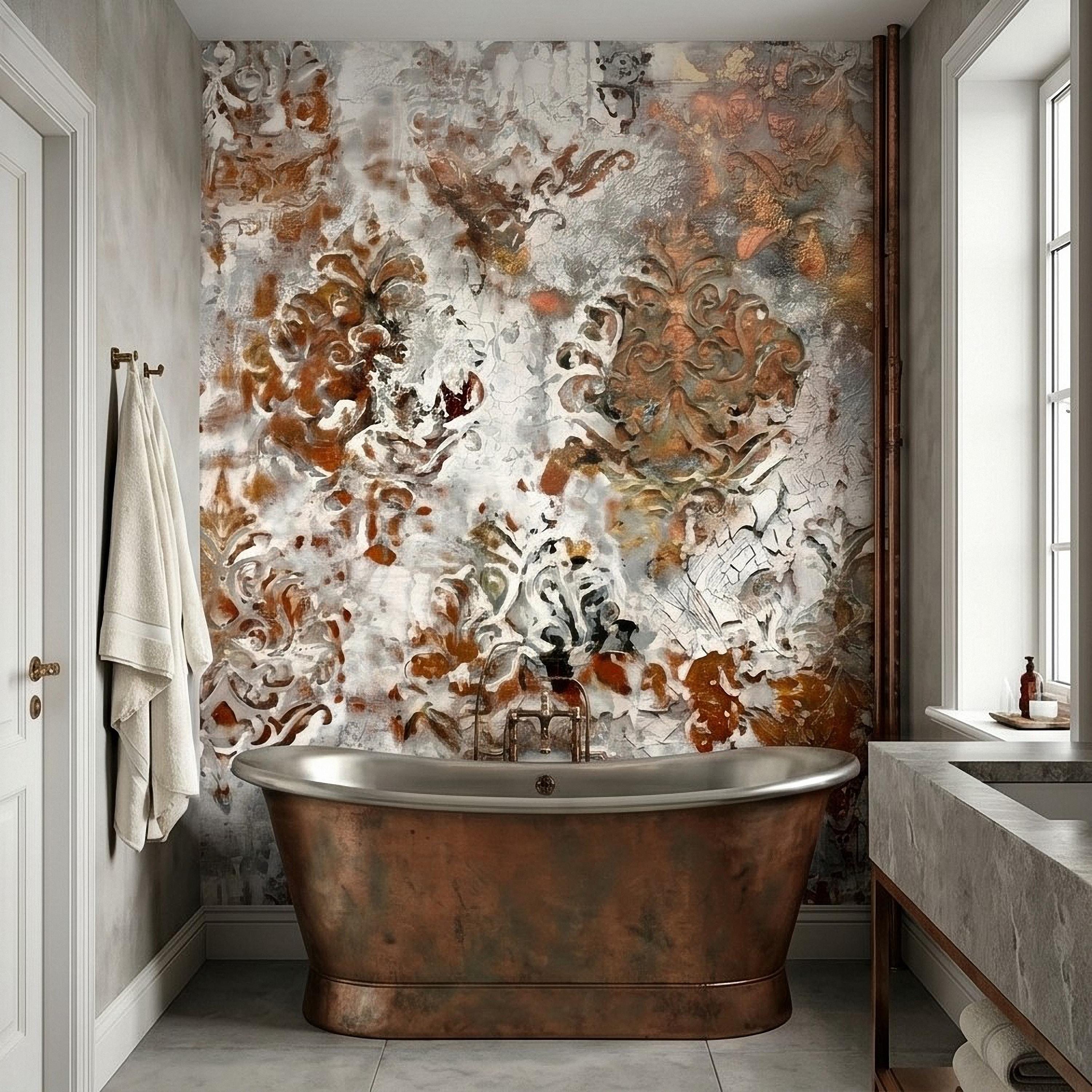 Distressed Damask Peel and Stick Wall Mural, White Plaster Texture with Copper Rust Patina, Vintage Baroque Ornate Scroll Wallpaper