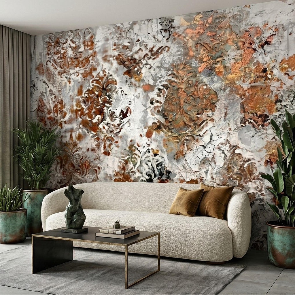 Distressed Damask Peel and Stick Wall Mural, White Plaster Texture with Copper Rust Patina, Vintage Baroque Ornate Scroll Wallpaper