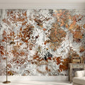 Distressed Damask Peel and Stick Wall Mural, White Plaster Texture with Copper Rust Patina, Vintage Baroque Ornate Scroll Wallpaper