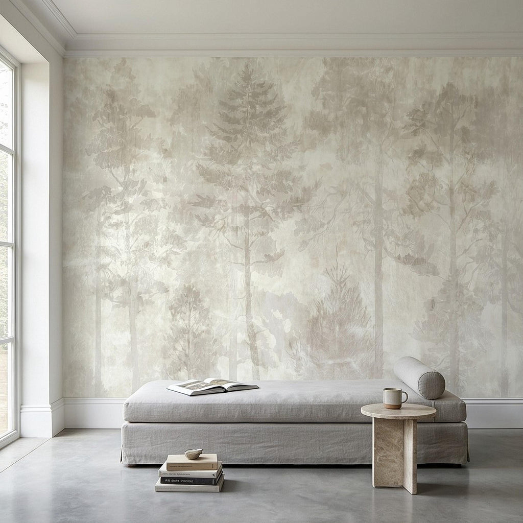 Neutral Misty Forest Peel and Stick Wall Mural, Foggy Woodland Tree Silhouettes, Minimal Scandinavian Nature Background Textured Wallpaper