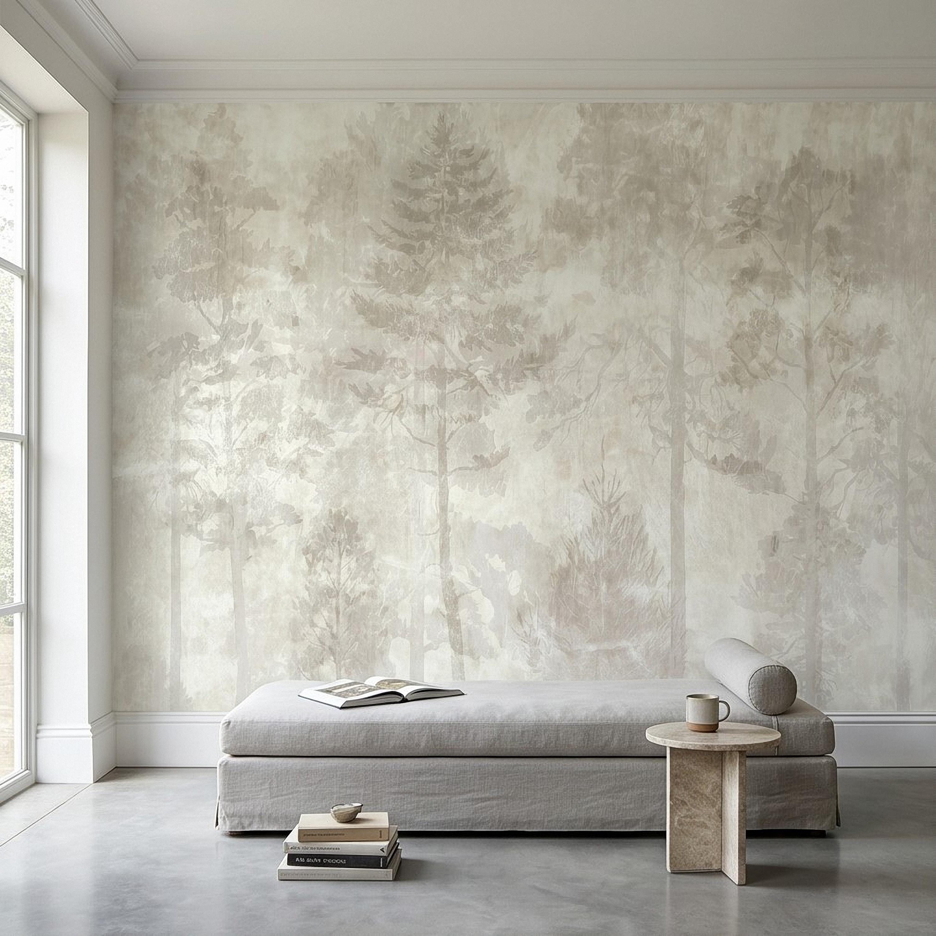 Neutral Misty Forest Peel and Stick Wall Mural, Foggy Woodland Tree Silhouettes, Minimal Scandinavian Nature Background Textured Wallpaper