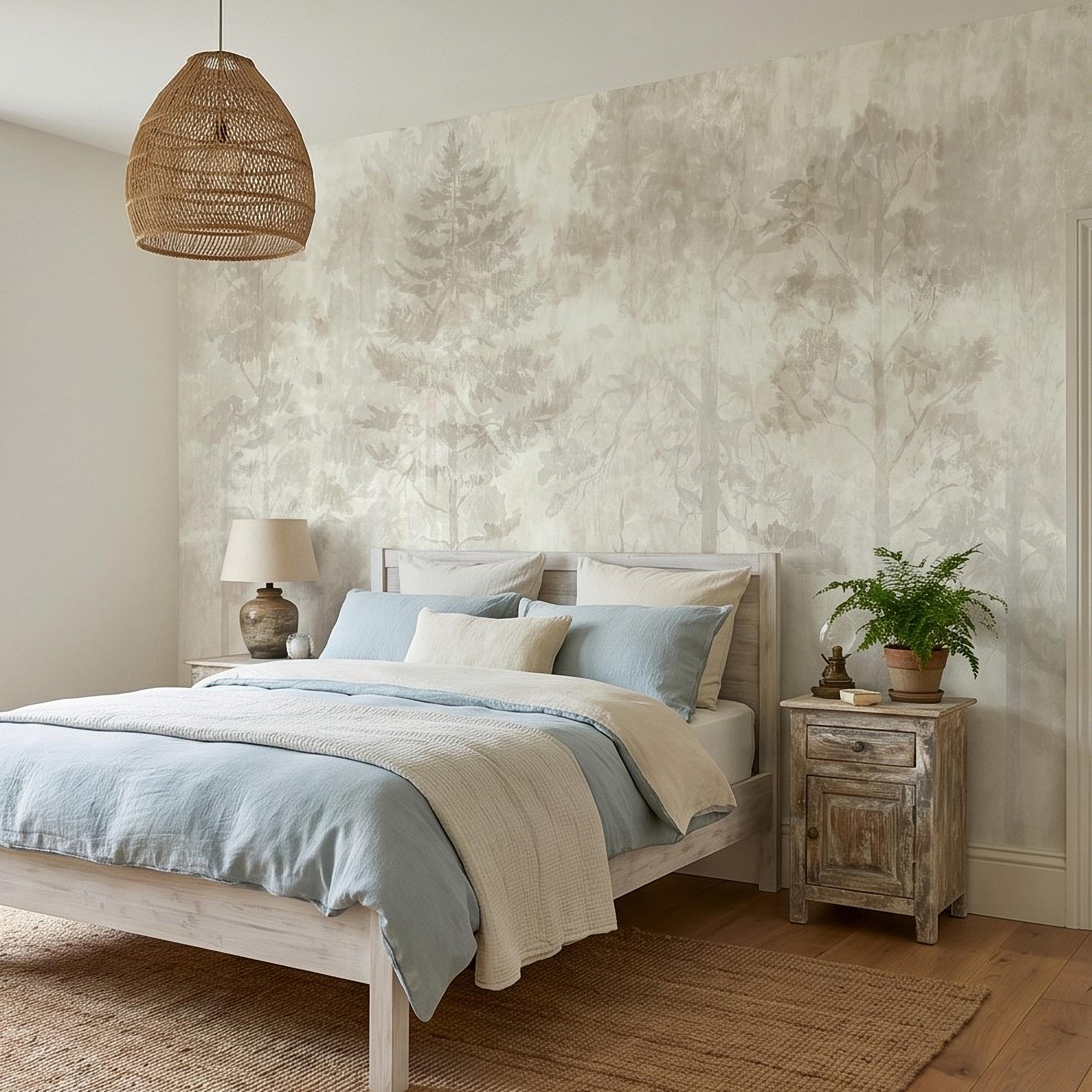 Neutral Misty Forest Peel and Stick Wall Mural, Foggy Woodland Tree Silhouettes, Minimal Scandinavian Nature Background Textured Wallpaper