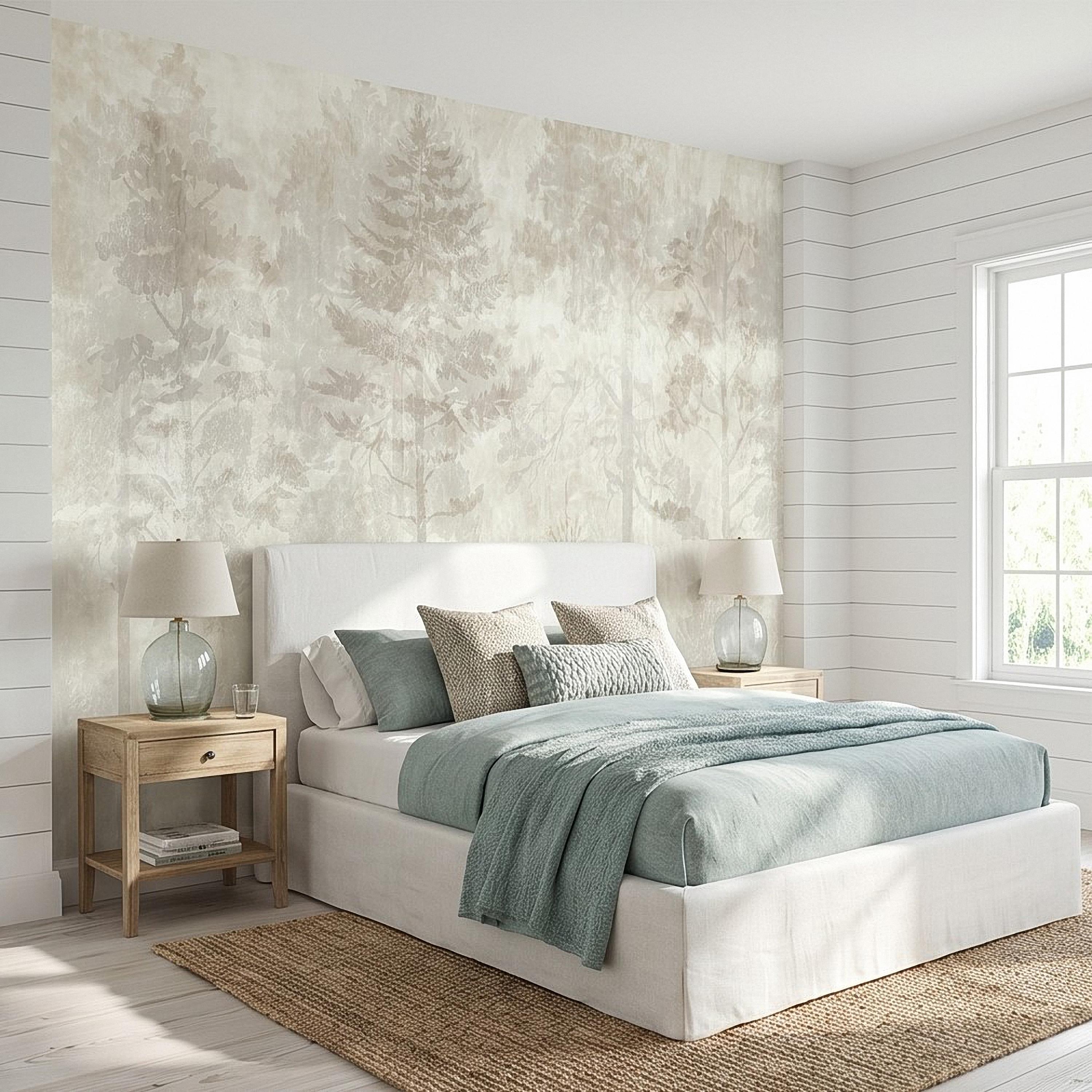 Neutral Misty Forest Peel and Stick Wall Mural, Foggy Woodland Tree Silhouettes, Minimal Scandinavian Nature Background Textured Wallpaper