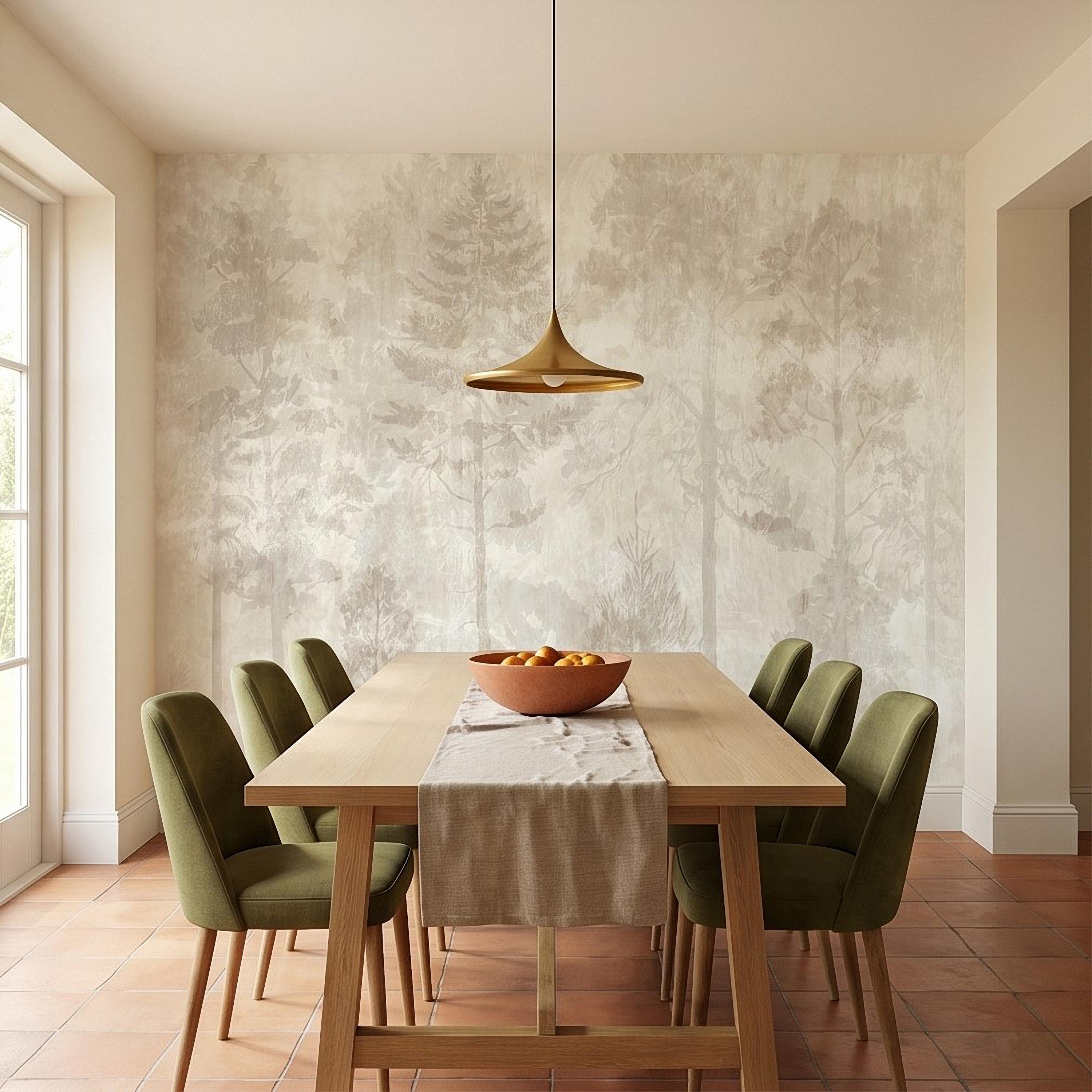 Neutral Misty Forest Peel and Stick Wall Mural, Foggy Woodland Tree Silhouettes, Minimal Scandinavian Nature Background Textured Wallpaper