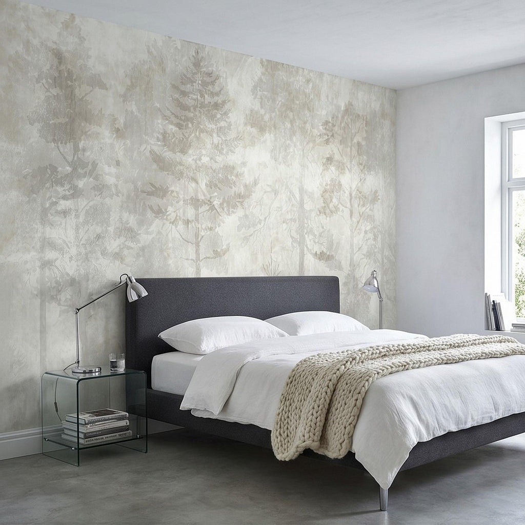 Neutral Misty Forest Peel and Stick Wall Mural, Foggy Woodland Tree Silhouettes, Minimal Scandinavian Nature Background Textured Wallpaper