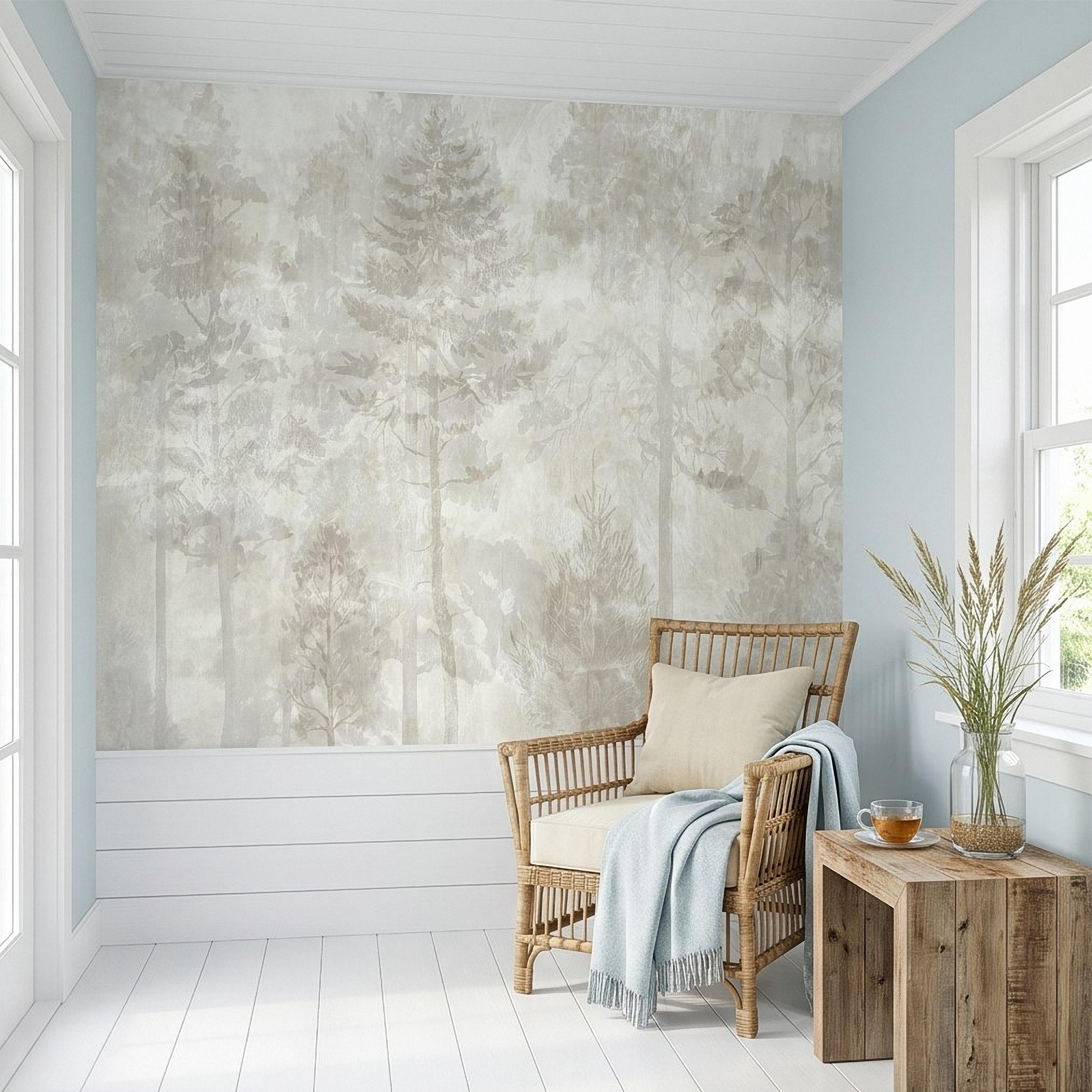 Neutral Misty Forest Peel and Stick Wall Mural, Foggy Woodland Tree Silhouettes, Minimal Scandinavian Nature Background Textured Wallpaper