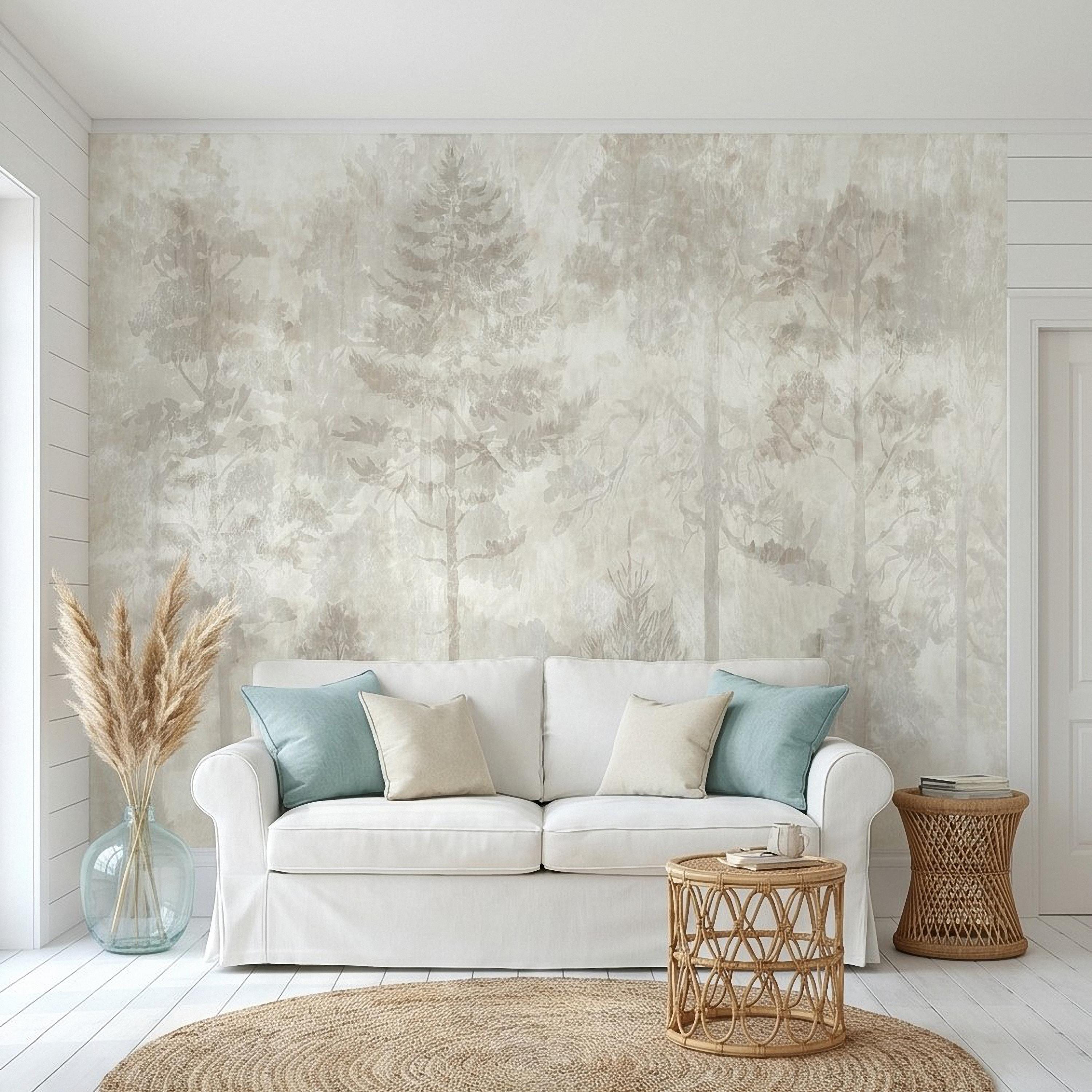 Neutral Misty Forest Peel and Stick Wall Mural, Foggy Woodland Tree Silhouettes, Minimal Scandinavian Nature Background Textured Wallpaper