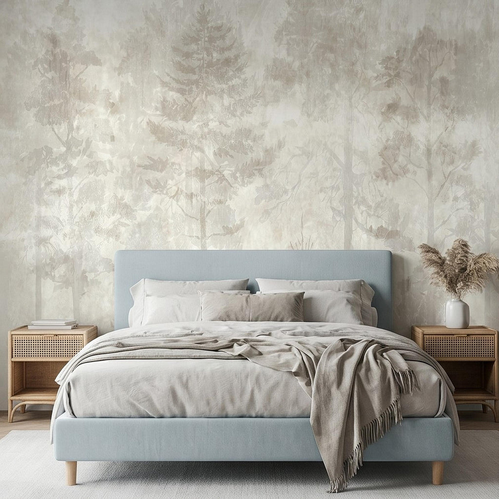 Neutral Misty Forest Peel and Stick Wall Mural, Foggy Woodland Tree Silhouettes, Minimal Scandinavian Nature Background Textured Wallpaper
