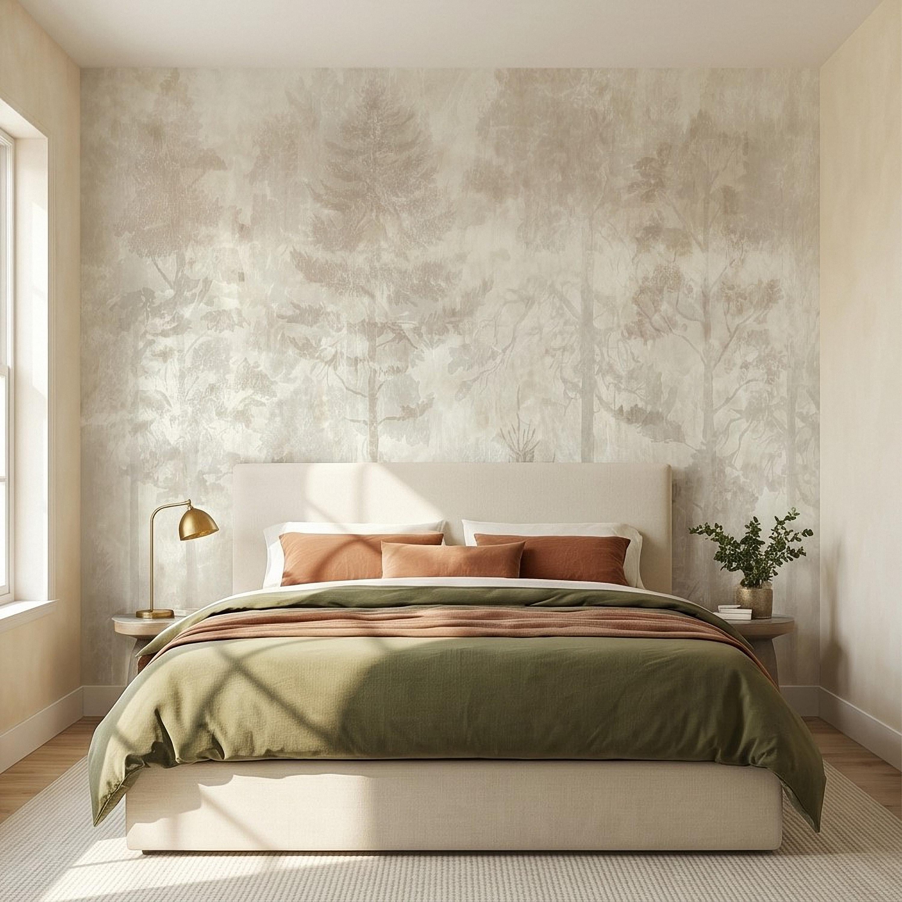 Neutral Misty Forest Peel and Stick Wall Mural, Foggy Woodland Tree Silhouettes, Minimal Scandinavian Nature Background Textured Wallpaper