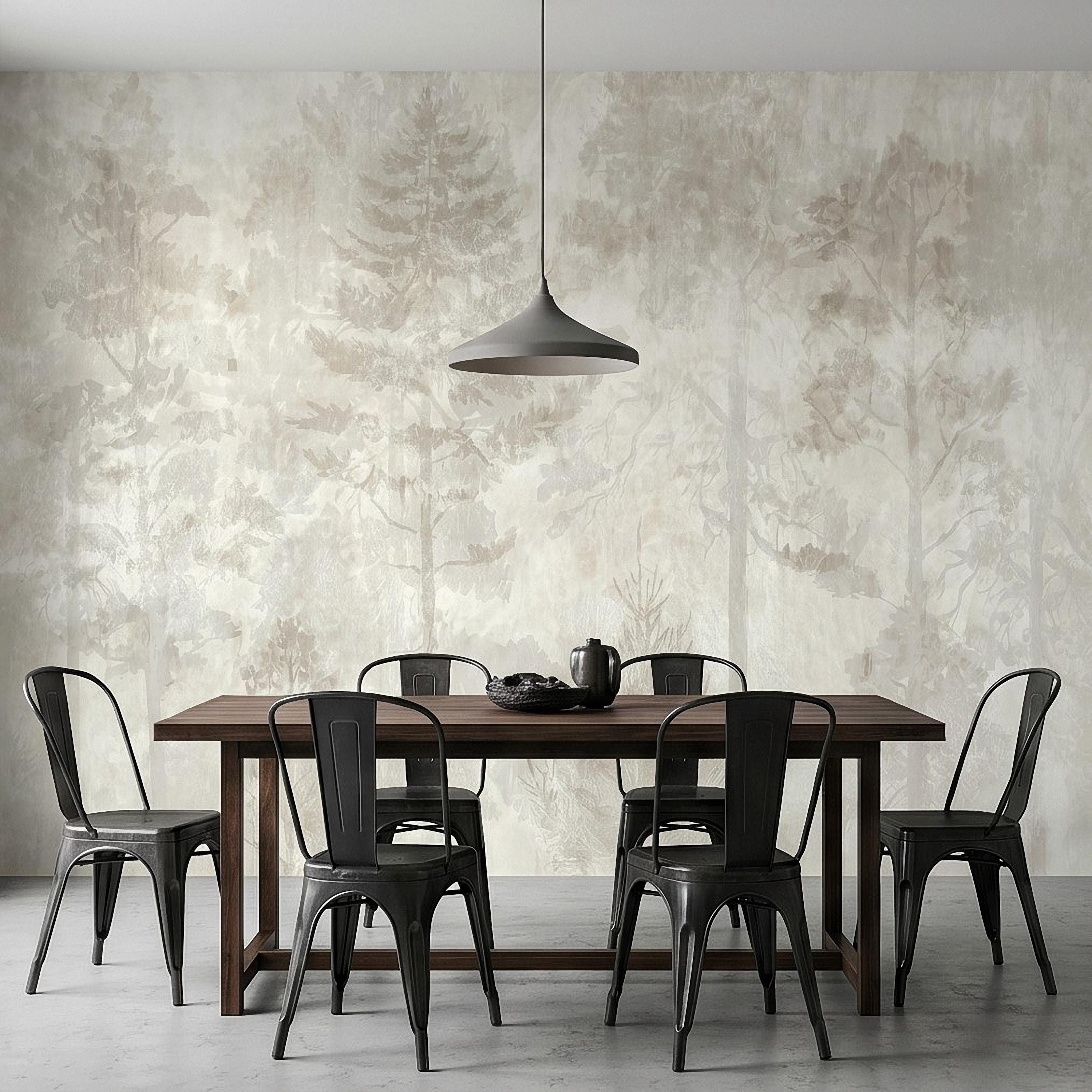 Neutral Misty Forest Peel and Stick Wall Mural, Foggy Woodland Tree Silhouettes, Minimal Scandinavian Nature Background Textured Wallpaper