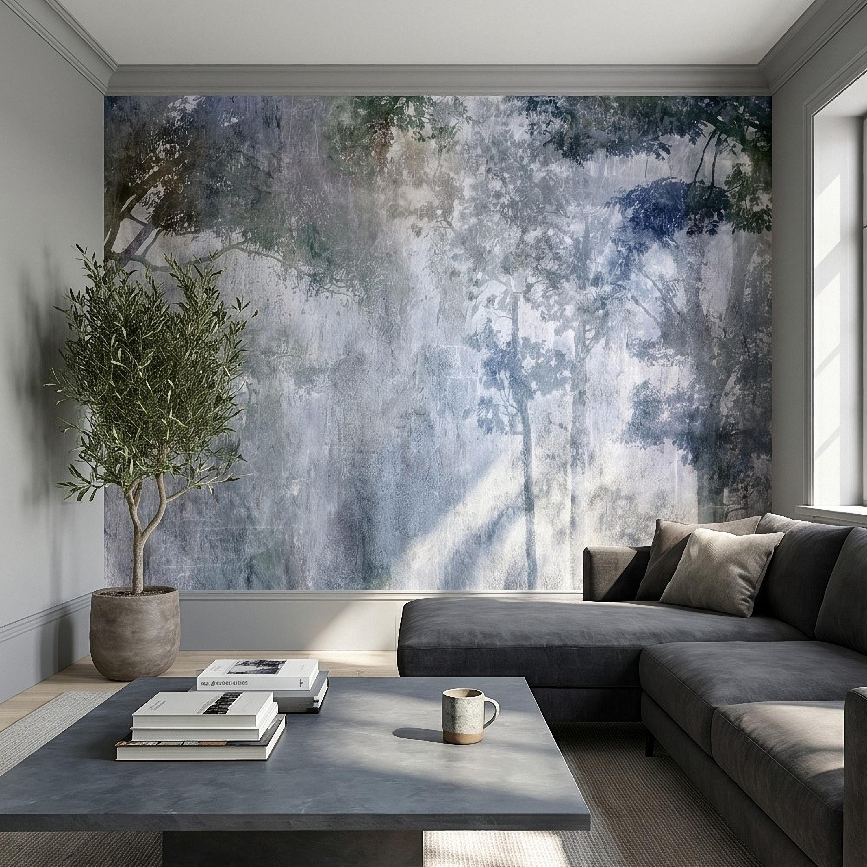 Abstract Forest Shadow Peel and Stick Wall Mural, Blue Gray Textured Plaster, Moody Tree Canopy Silhouette, Wabi Sabi Japandi Wallpaper
