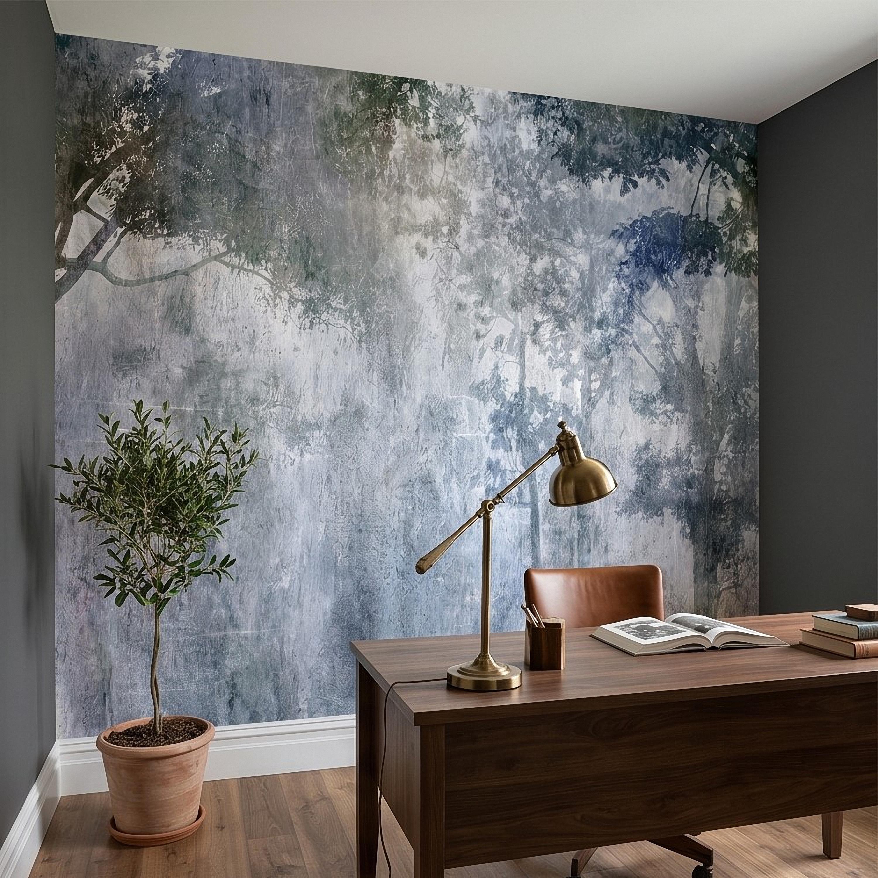 Abstract Forest Shadow Peel and Stick Wall Mural, Blue Gray Textured Plaster, Moody Tree Canopy Silhouette, Wabi Sabi Japandi Wallpaper