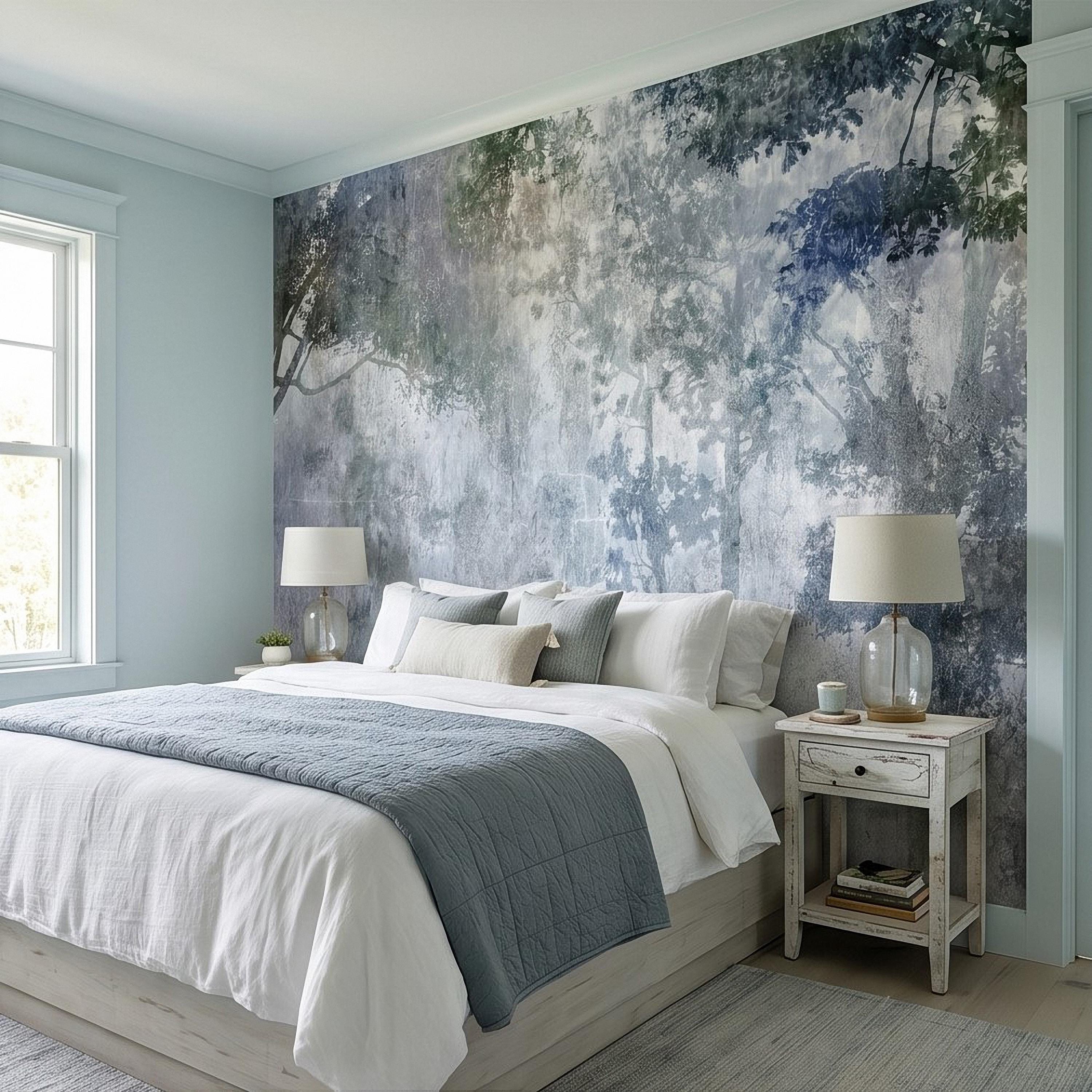 Abstract Forest Shadow Peel and Stick Wall Mural, Blue Gray Textured Plaster, Moody Tree Canopy Silhouette, Wabi Sabi Japandi Wallpaper