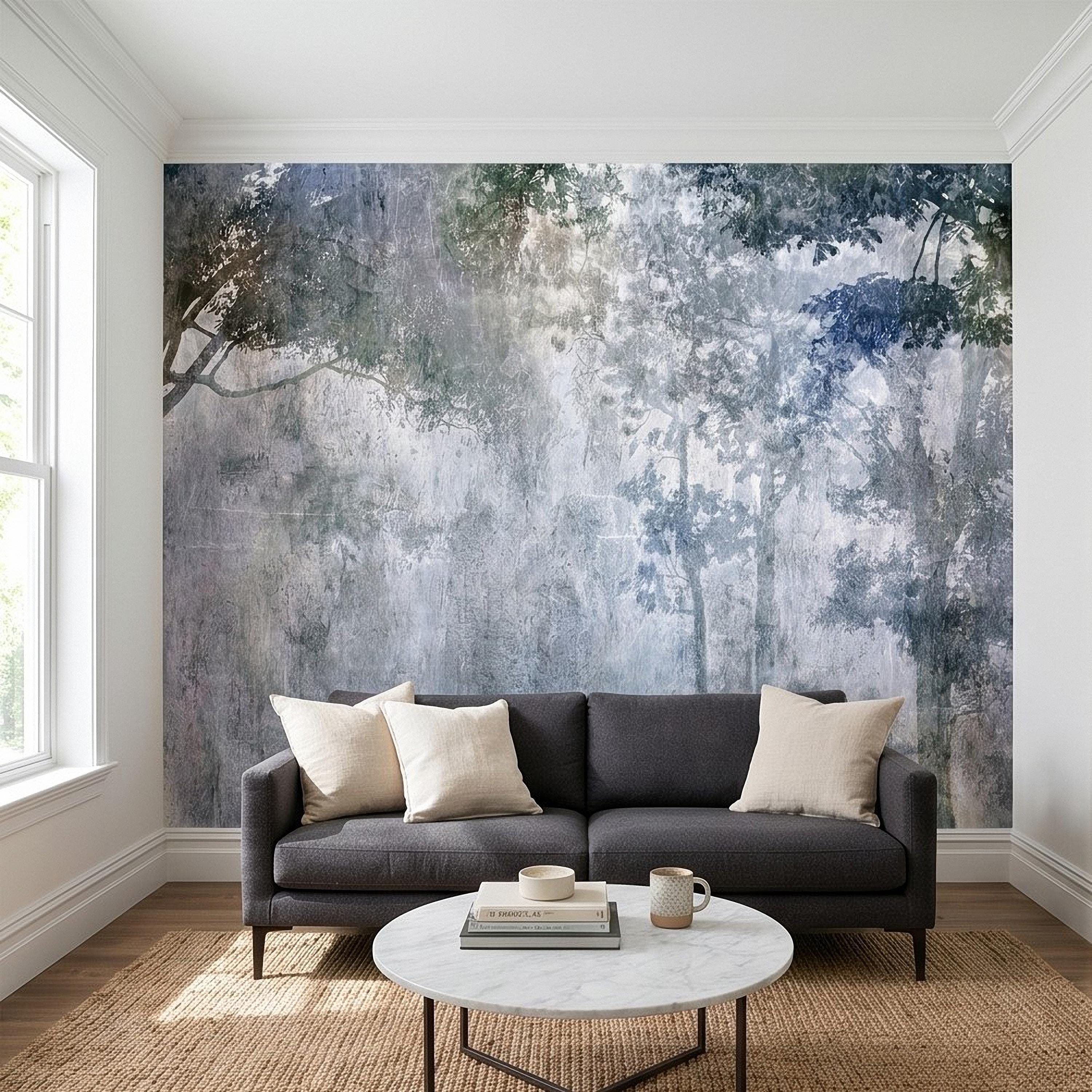 Abstract Forest Shadow Peel and Stick Wall Mural, Blue Gray Textured Plaster, Moody Tree Canopy Silhouette, Wabi Sabi Japandi Wallpaper