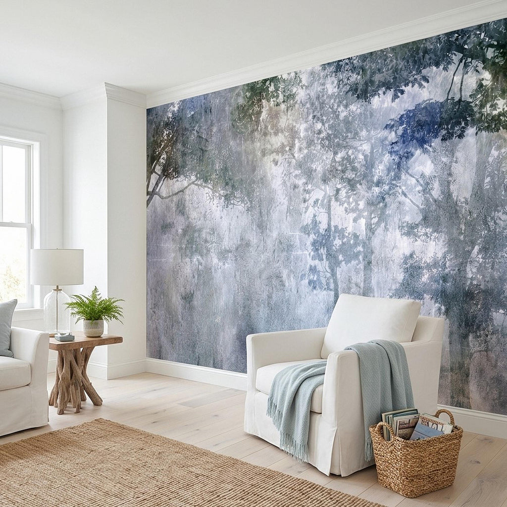 Abstract Forest Shadow Peel and Stick Wall Mural, Blue Gray Textured Plaster, Moody Tree Canopy Silhouette, Wabi Sabi Japandi Wallpaper