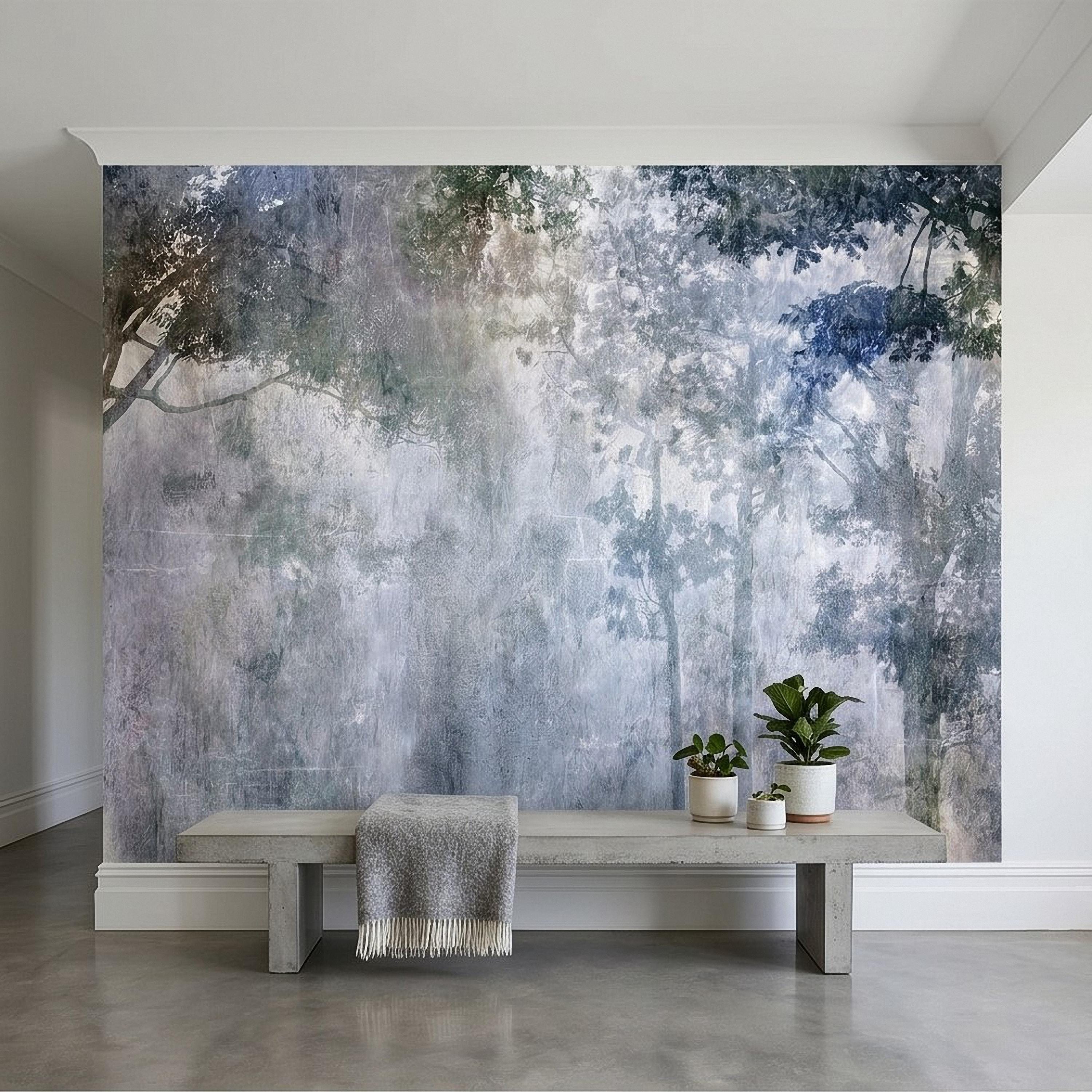 Abstract Forest Shadow Peel and Stick Wall Mural, Blue Gray Textured Plaster, Moody Tree Canopy Silhouette, Wabi Sabi Japandi Wallpaper