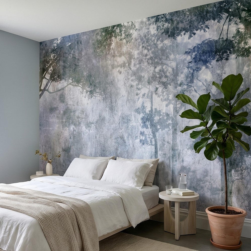 Abstract Forest Shadow Peel and Stick Wall Mural, Blue Gray Textured Plaster, Moody Tree Canopy Silhouette, Wabi Sabi Japandi Wallpaper