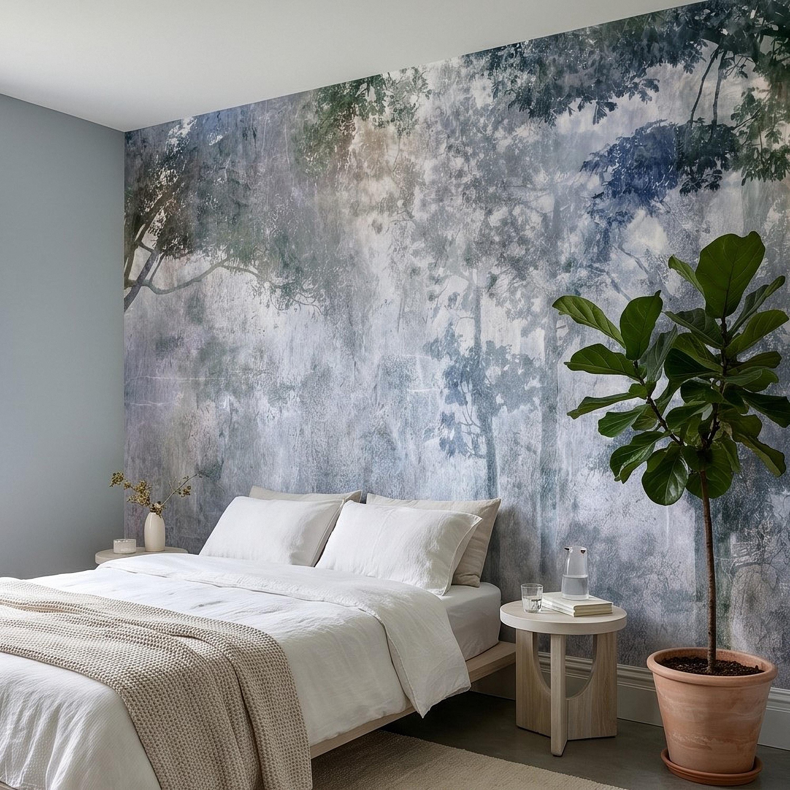 Abstract Forest Shadow Peel and Stick Wall Mural, Blue Gray Textured Plaster, Moody Tree Canopy Silhouette, Wabi Sabi Japandi Wallpaper