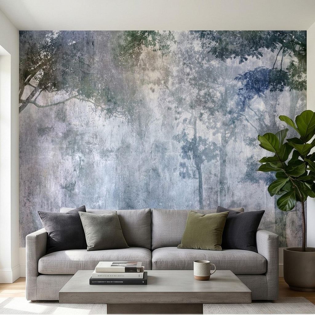 Abstract Forest Shadow Peel and Stick Wall Mural, Blue Gray Textured Plaster, Moody Tree Canopy Silhouette, Wabi Sabi Japandi Wallpaper