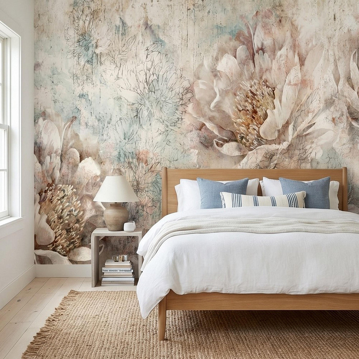Peony floral wall mural with large cream blossoms and teal botanical stems on textured wall