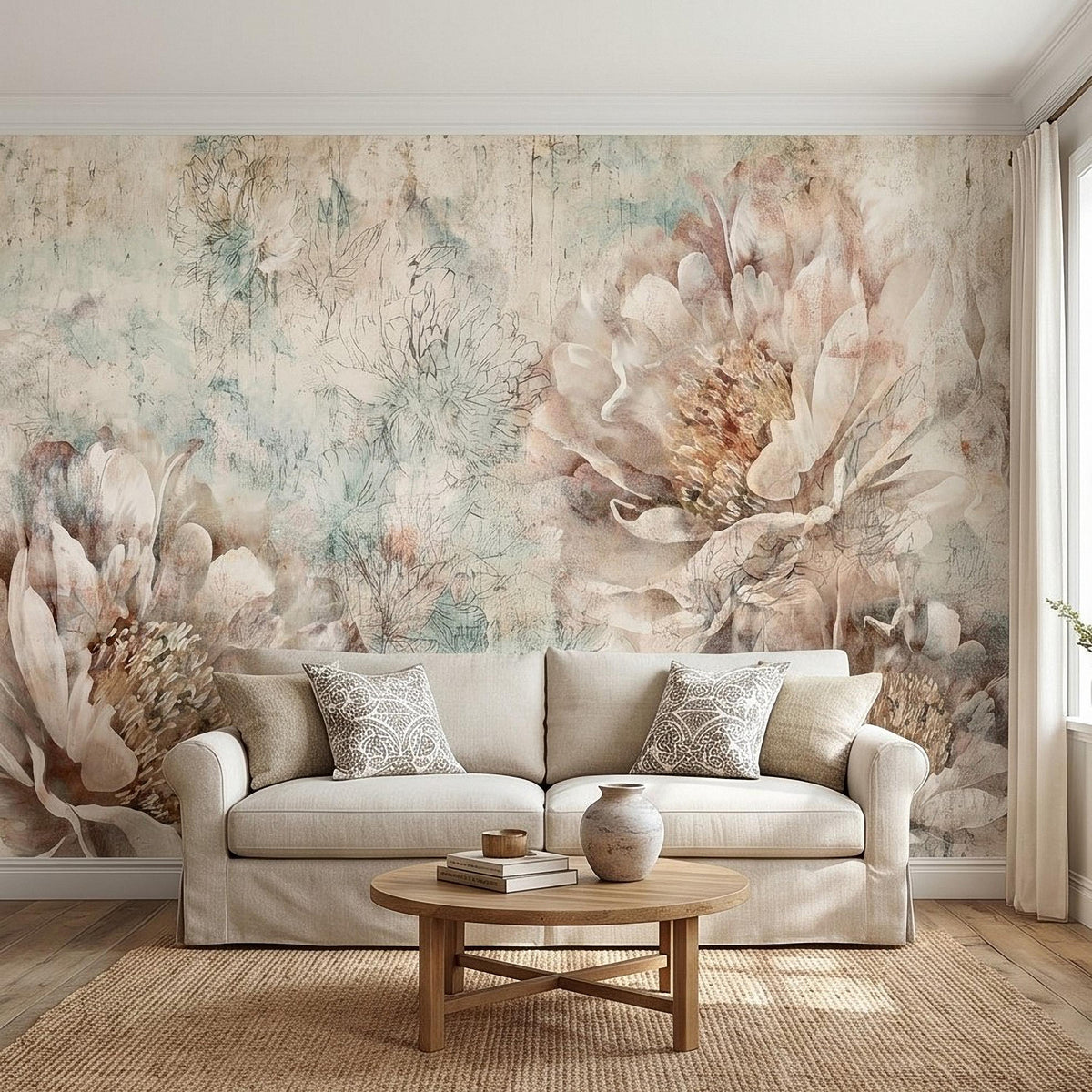 Peony floral wall mural with blush beige blossoms and soft teal foliage on textured wall