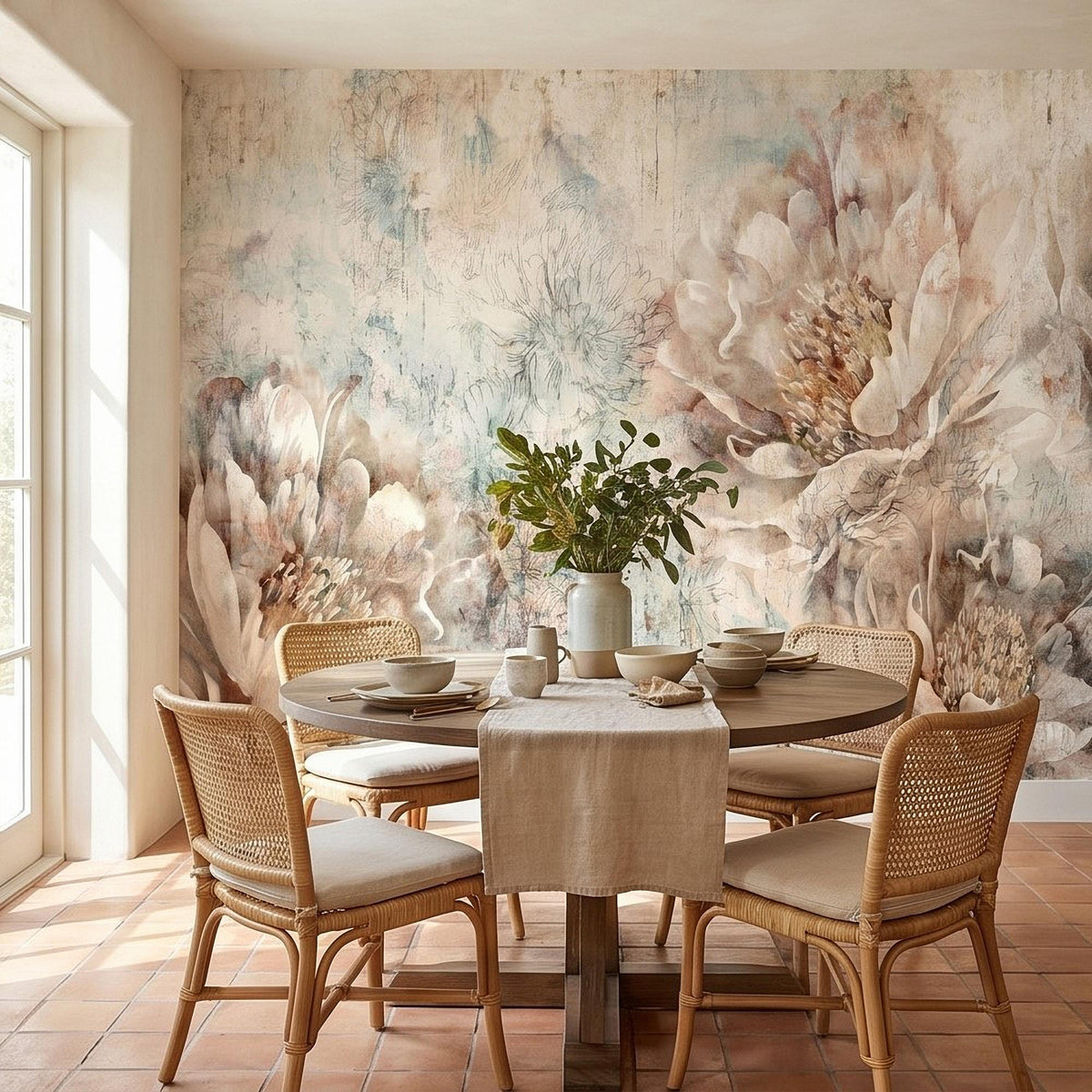 Peony floral wall mural with pale flowers and blue-green botanicals over neutral textured background