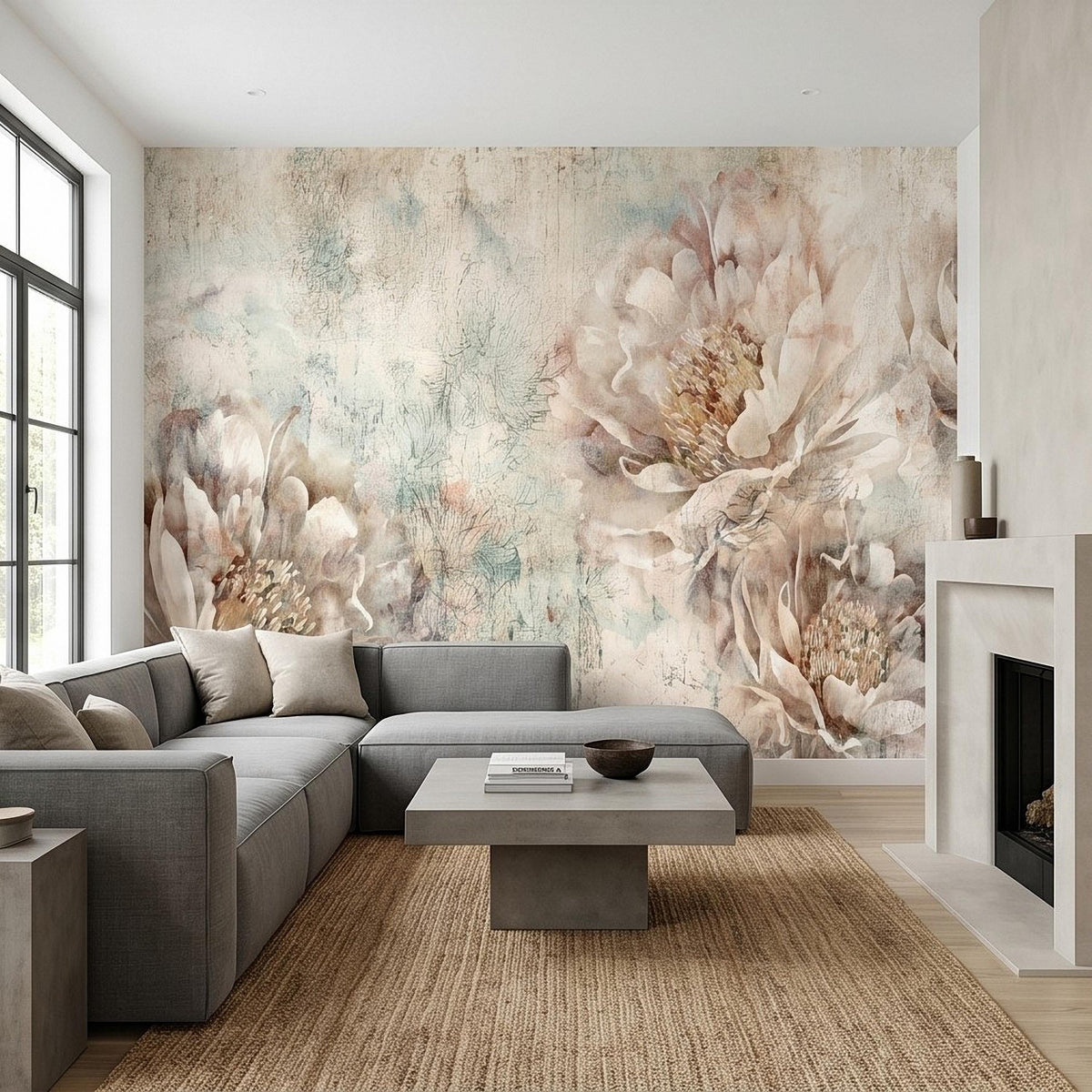 Peony floral wall mural with soft blush peonies and teal brushstroke plants on textured wall