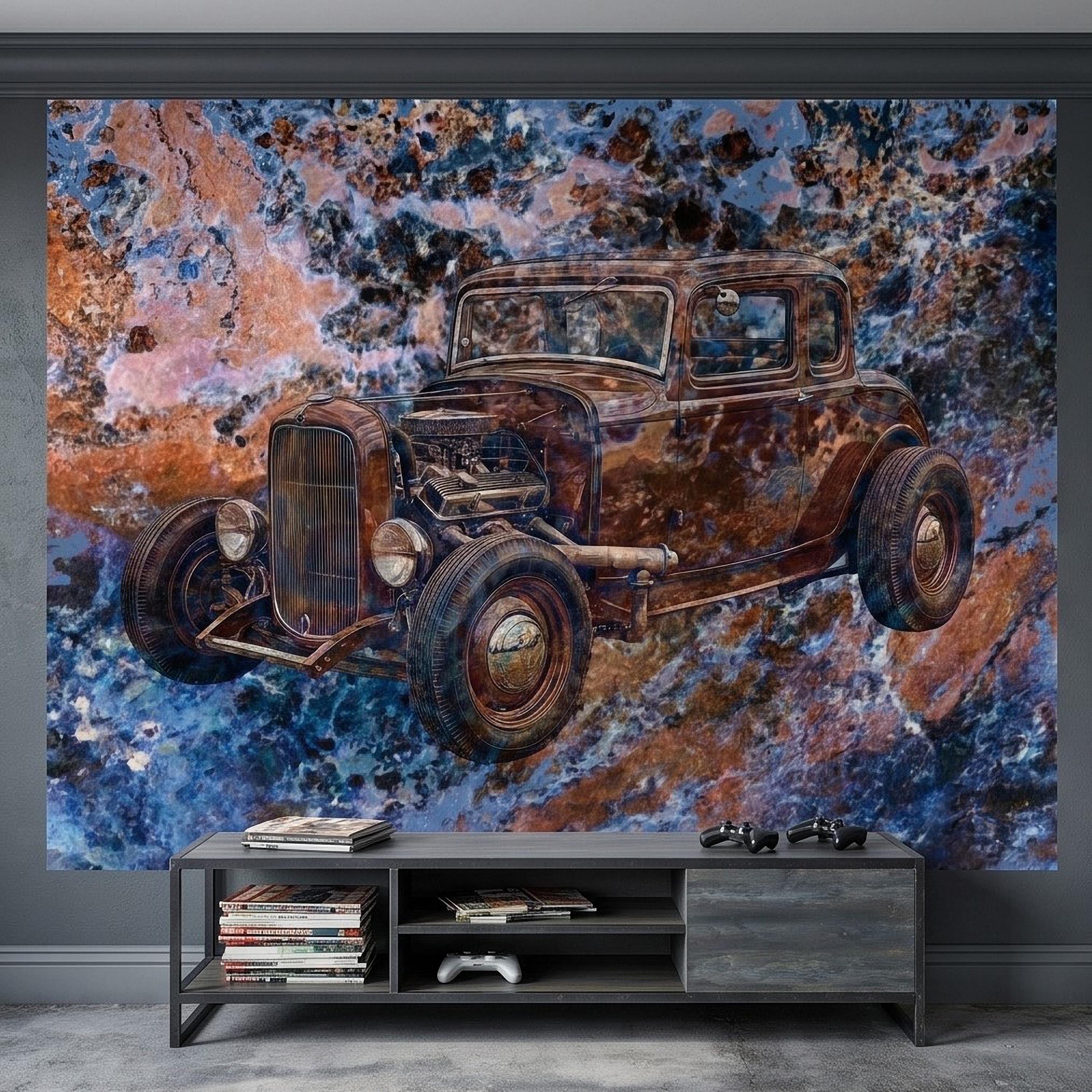 Vintage Hot Rod Car Peel and Stick Wall Mural, Classic Rat Rod Coupe, Blue Rust Grunge Texture Retro Automotive Industrial Wallpaper