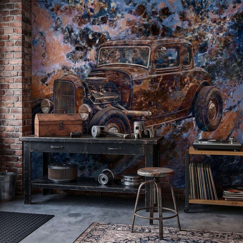 Vintage Hot Rod Car Peel and Stick Wall Mural, Classic Rat Rod Coupe, Blue Rust Grunge Texture Retro Automotive Industrial Wallpaper